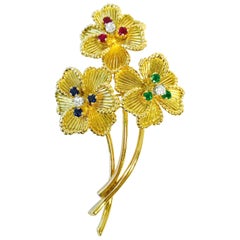 Vintage Henry Dankner Ruby Sapphire Emerald and Diamond Gold Pin