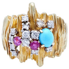 Vintage Henry Dunay Turquoise, Diamond, and Ruby 18k Yellow Gold Cocktail Ring