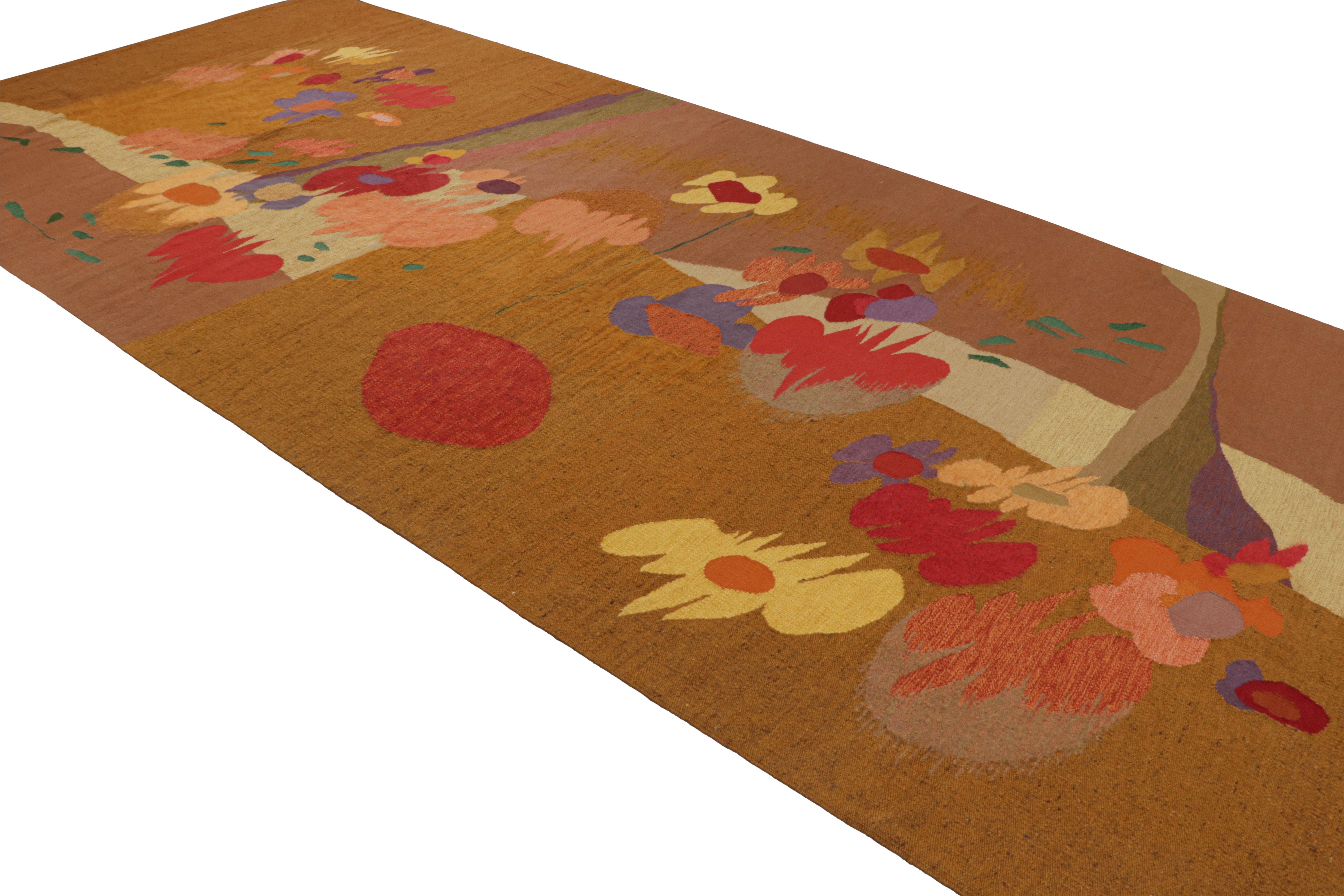 This vintage 7x15 tapestry runner is a rare collectible from the works of Henry Easterwood—hand-woven in wool, circa 1970-1980. Its design features warm brown, which underscores a play of colorful patterns, almost like an abstract impressionist