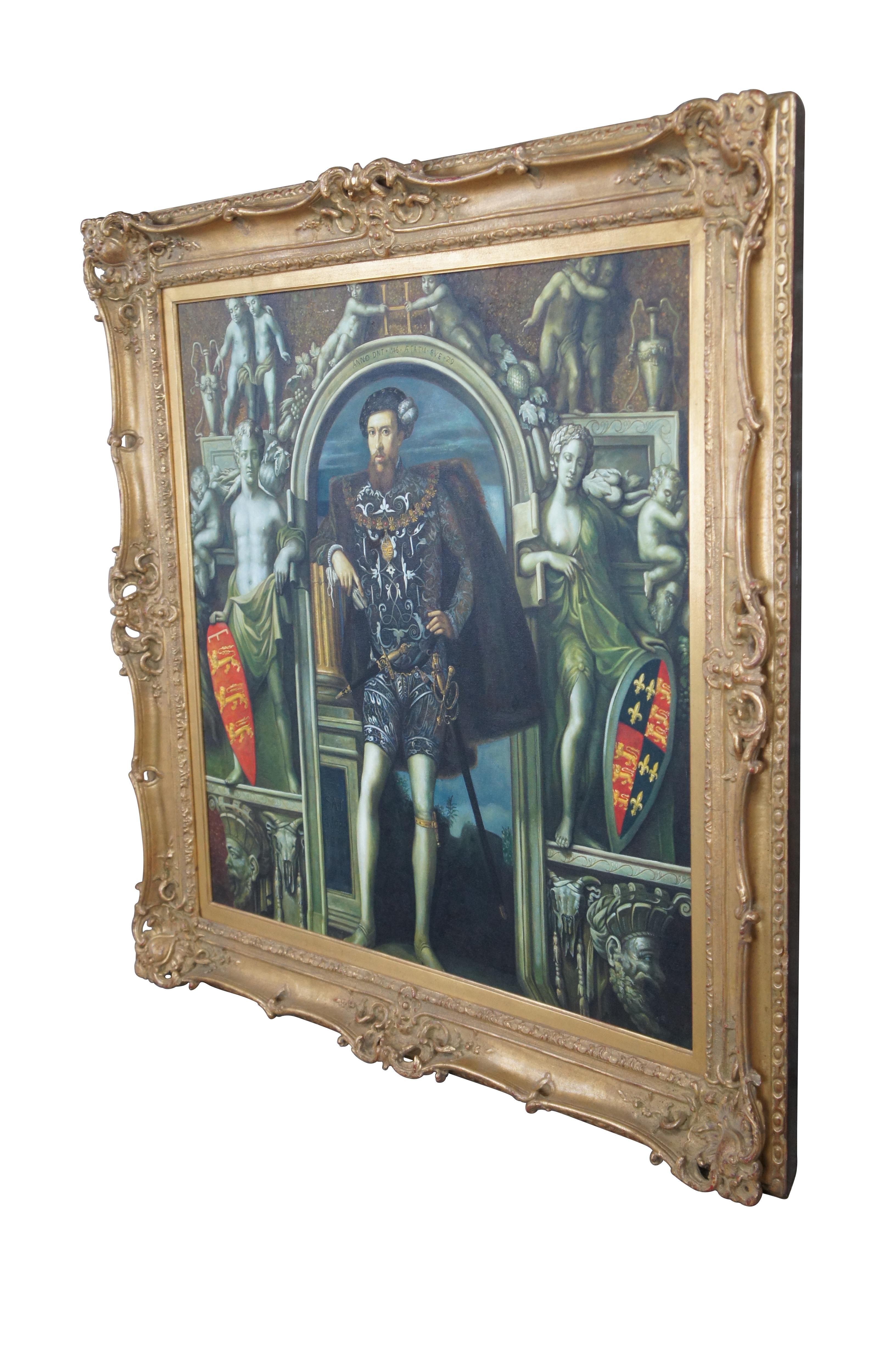 A reproduction oil painting of Henry Howard the Earl of Surrey at age 29 in 1546. The original attributed to Guillim Scrots (1537-1554). Framed in a baroque manner with serpentine edging and foliate relief.

Technical analysis and contextual