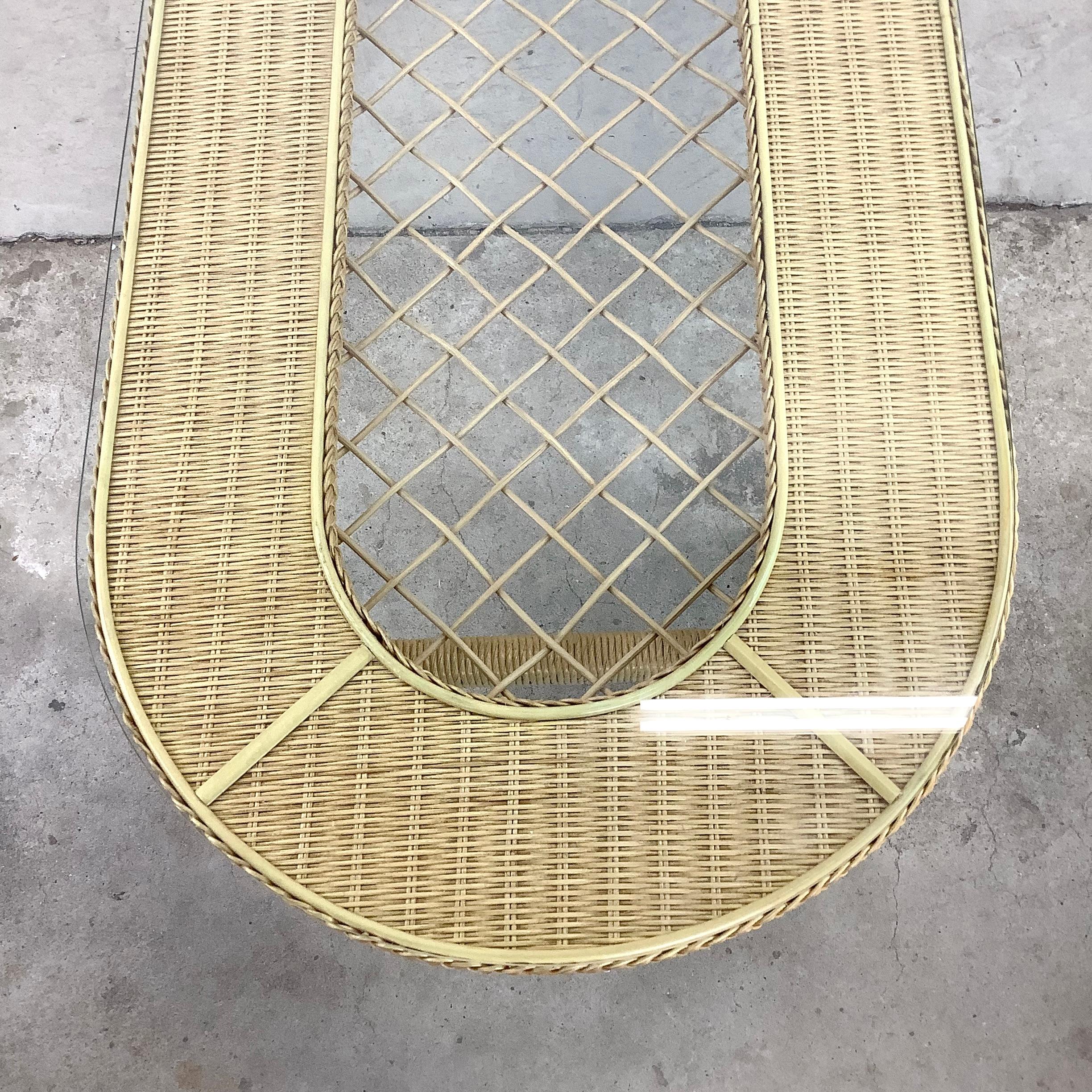 Vintage Henry Link Style Wicker Coffee Table With Glass Top For Sale 3