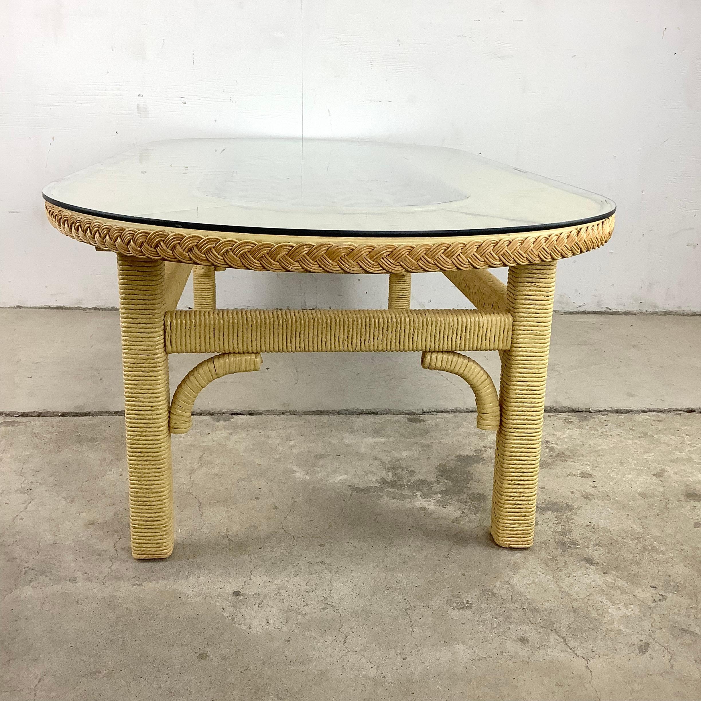20th Century Vintage Henry Link Style Wicker Coffee Table With Glass Top For Sale