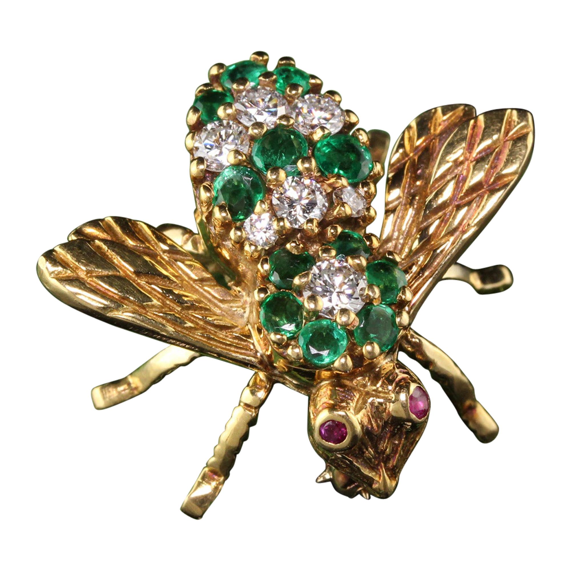 Vintage Henry Rosenthal 18 Karat Yellow Gold Diamond Emerald and Ruby Bee Pin
