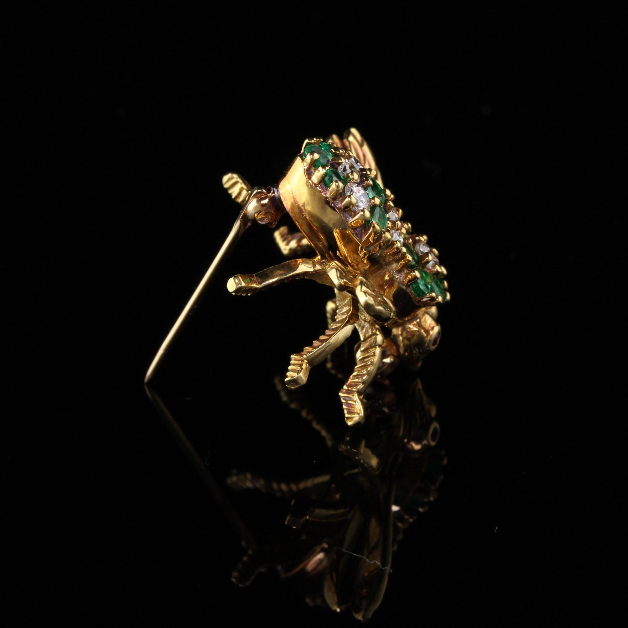 Round Cut Vintage Henry Rosenthal 18 Karat Yellow Gold Diamond Emerald and Ruby Bee Pin