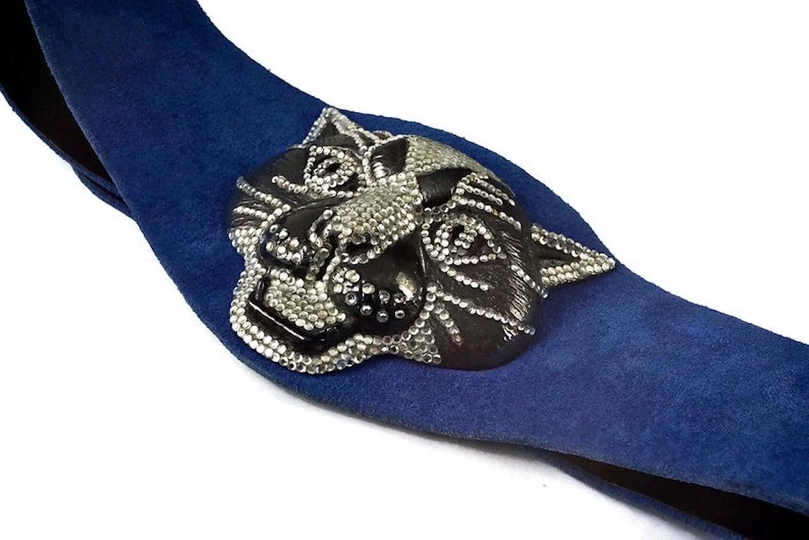 Black Vintage HENRYKS BIJOUX VIENNE Jewelled Leopard Head Blue Suede Wide Belt For Sale