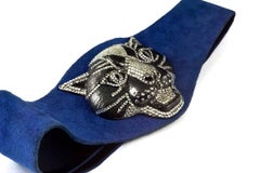 Vintage HENRYKS BIJOUX VIENNE Jewelled Leopard Head Blue Suede Wide Belt
