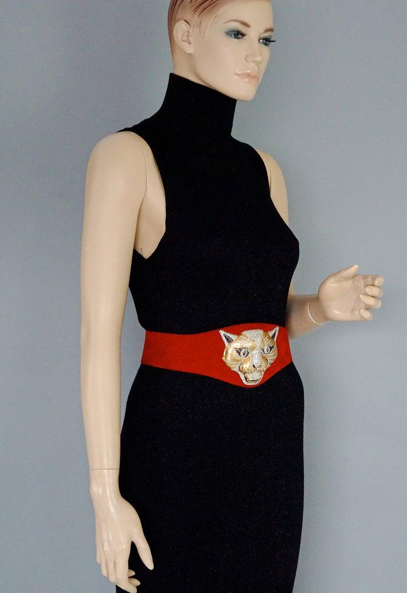 Brown Vintage HENRYKS BIJOUX VIENNE Jewelled Leopard Head Red Suede Wide Belt For Sale