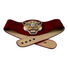 Retro HENRYKS BIJOUX VIENNE Jewelled Leopard Head Red Suede Wide Belt