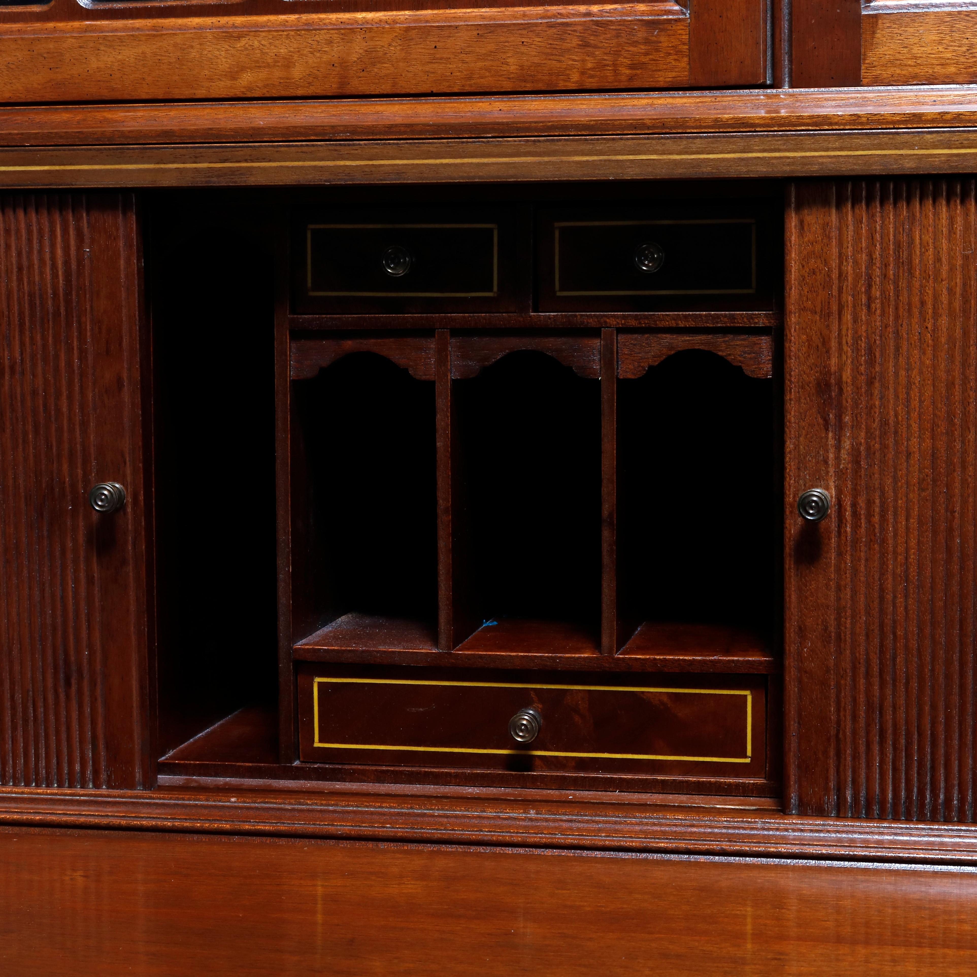 Carved Vintage Hepplewhite Style Maddox Mahogany Tambour Secretary Desk, Circa 1930