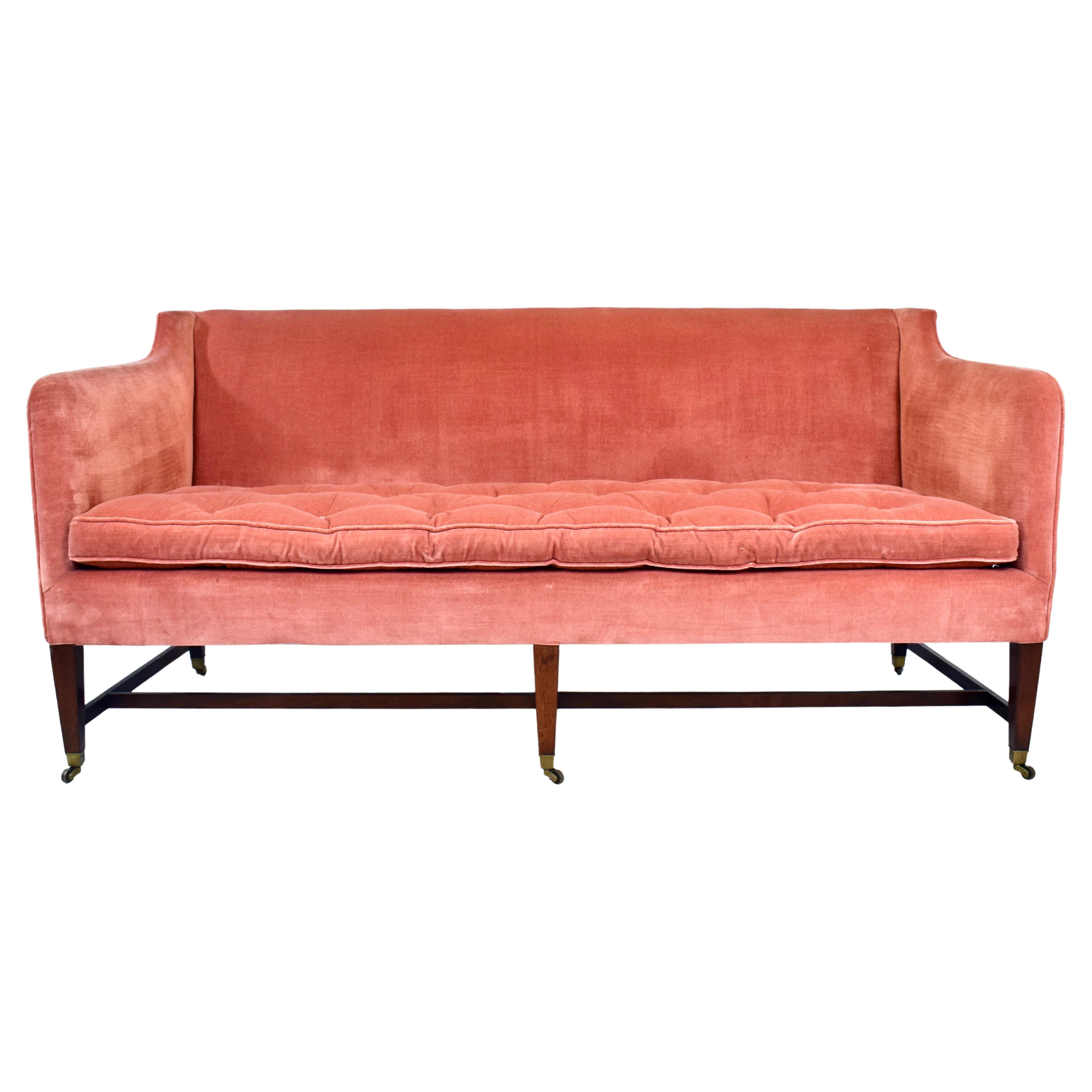 Hepplewhite Velvet Sofa, Brass Casters, Early 20th Century, USA