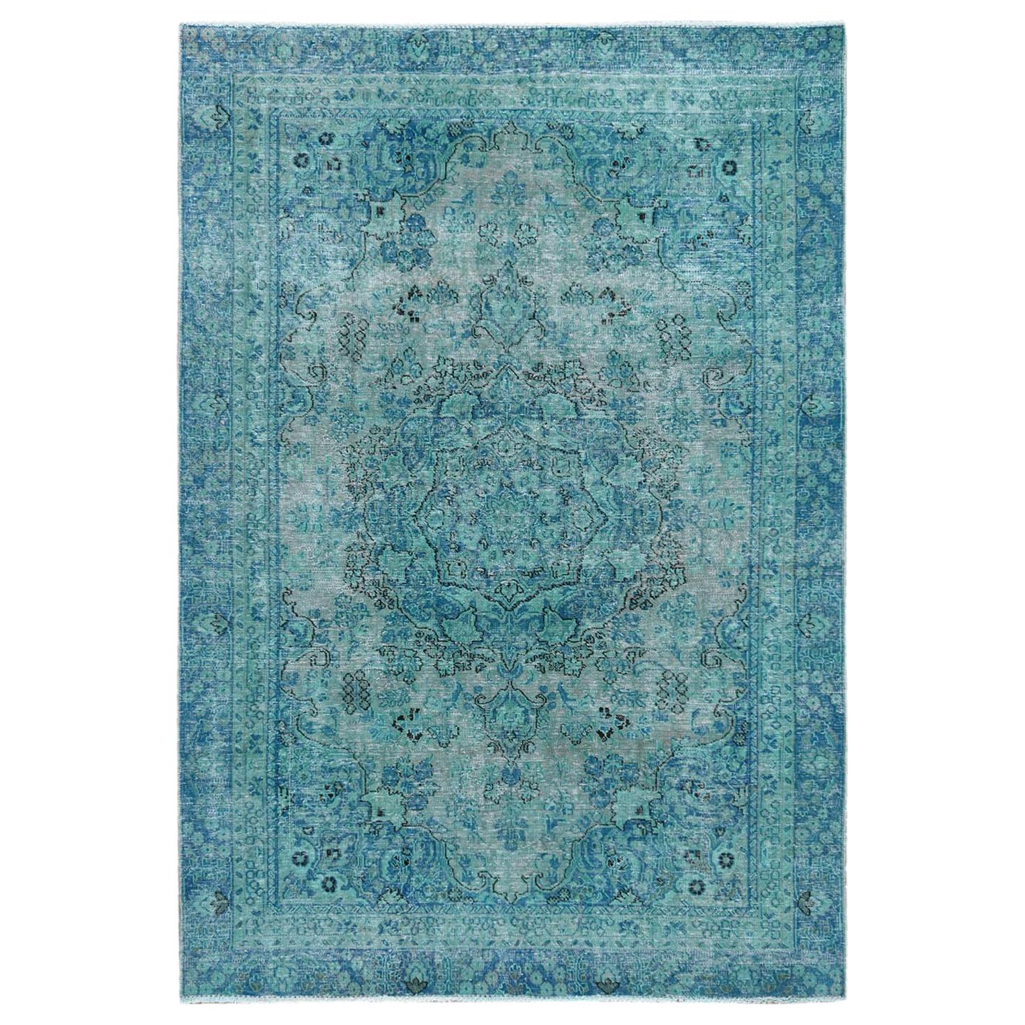 Vintage Herbal Wash Green Cast Persian Tabriz Hand Knotted Wool Worn