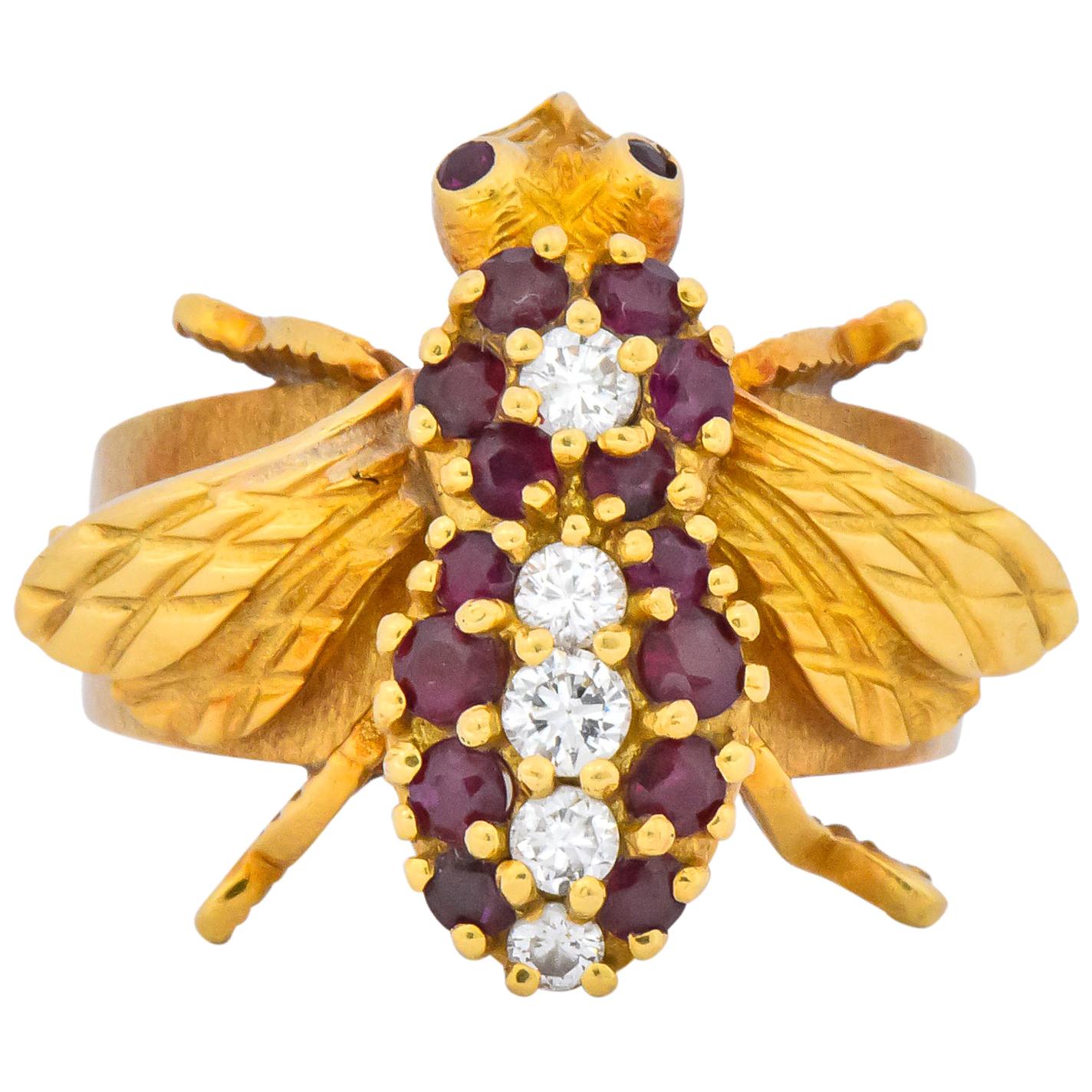Vintage Herbert Rosenthal 0.95 Carat Diamond Ruby 18 Karat Gold Bee Ring
