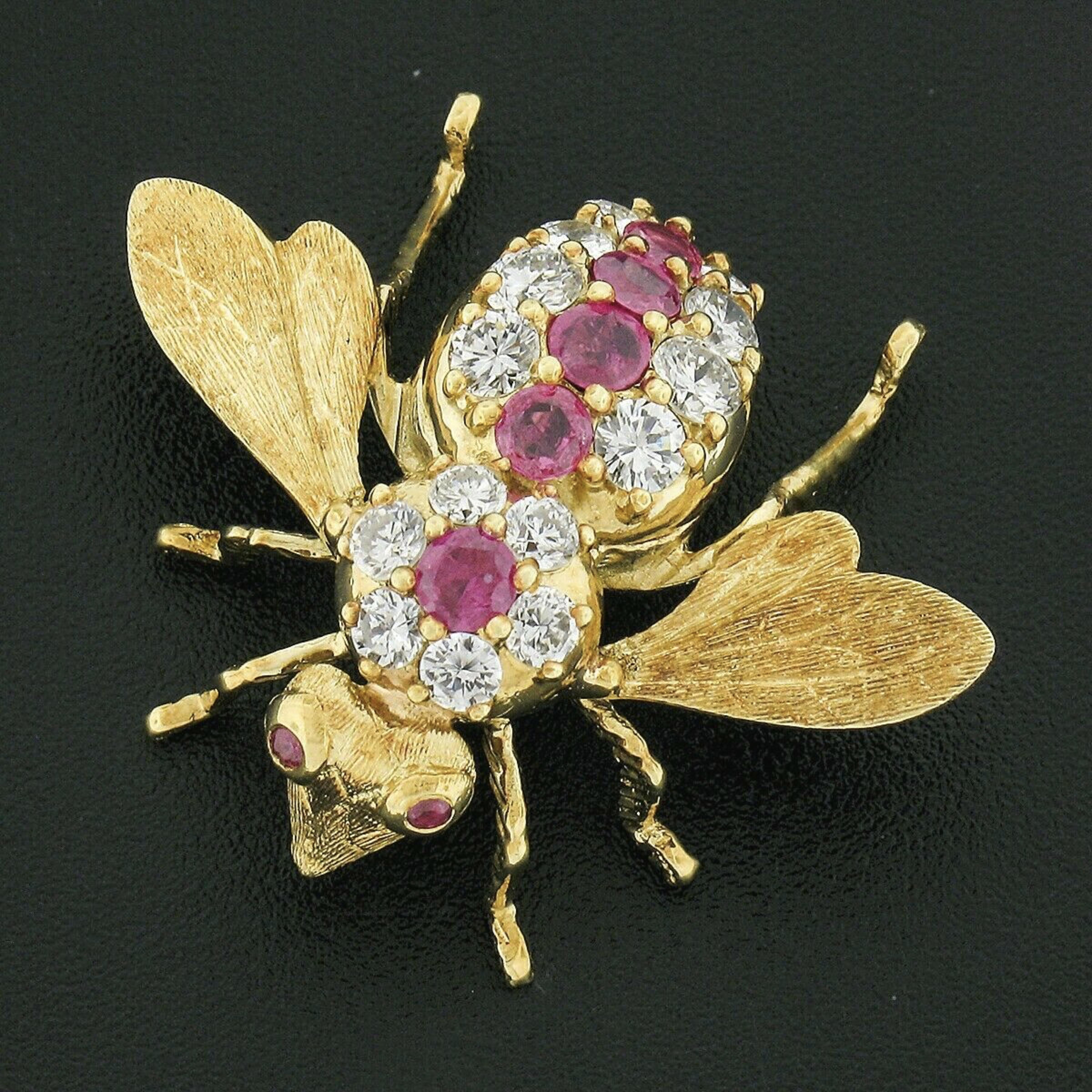 Here we have an incredibly detailed, vintage, pin/brooch that was designed by Herbert Rosenthal and crafted from solid 18k yellow gold. The brooch features a fly/bee insect design and drenched with fine quality rubies and diamonds throughout its
