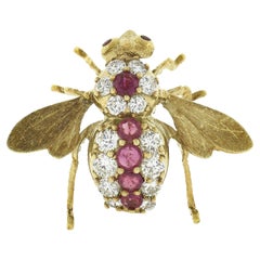 Vintage Herbert Rosenthal 18K Gold 2.35ct Ruby Diamond Fly Bee Insect Pin Brooch