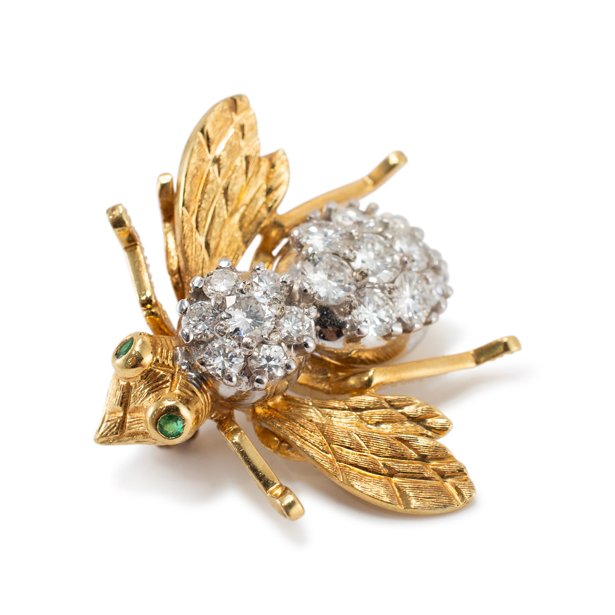 Taglio rotondo Vintage Herbert Rosenthal oro 18 carati 2,77ct diamante smeraldo grande Bumble Bee PIN in vendita