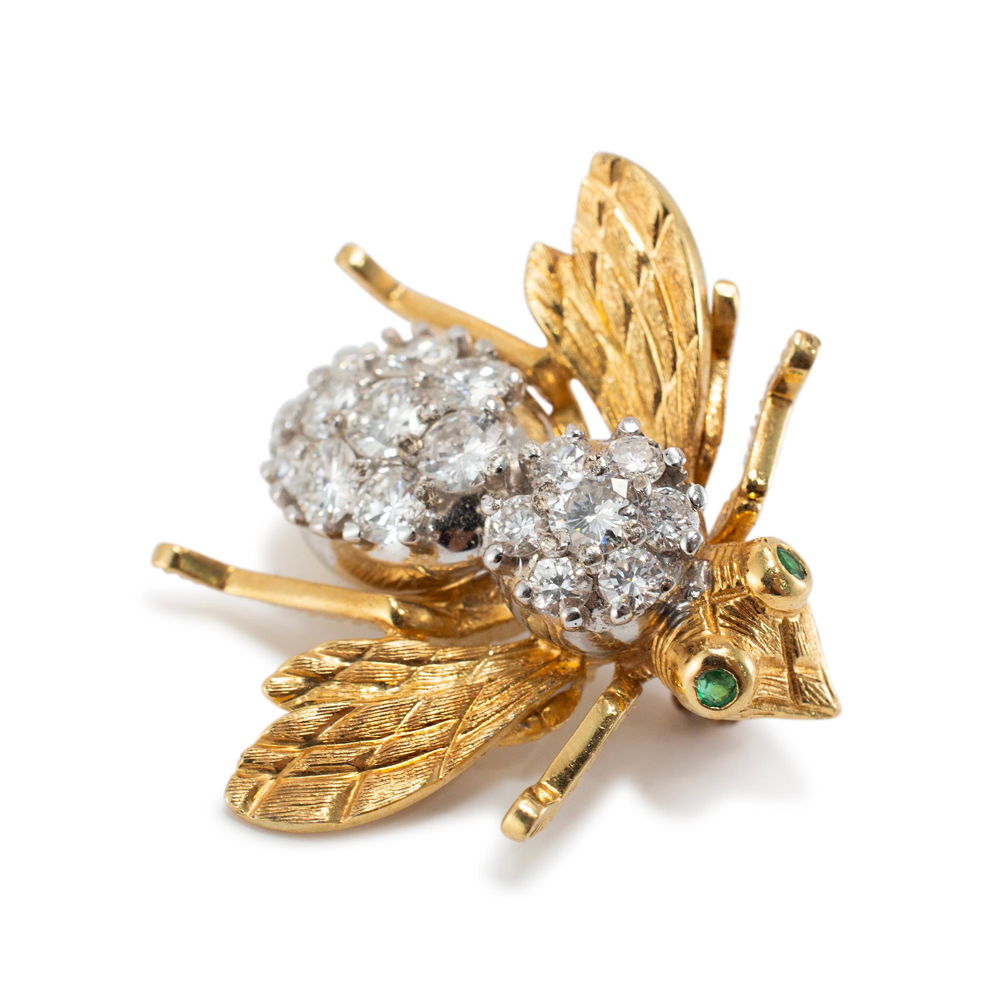 Vintage Herbert Rosenthal oro 18 carati 2,77ct diamante smeraldo grande Bumble Bee PIN In condizioni ottime in vendita a Houston, TX