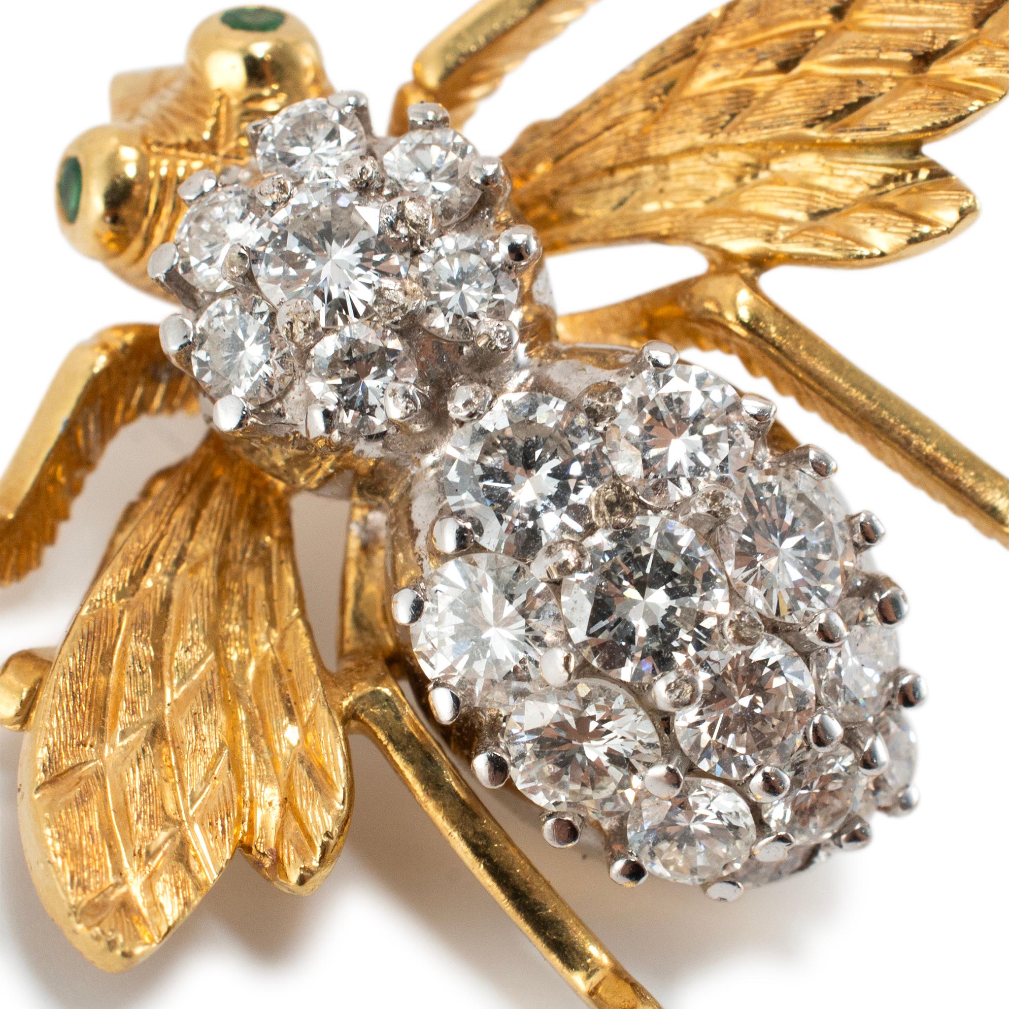 Donna Vintage Herbert Rosenthal oro 18 carati 2,77ct diamante smeraldo grande Bumble Bee PIN in vendita