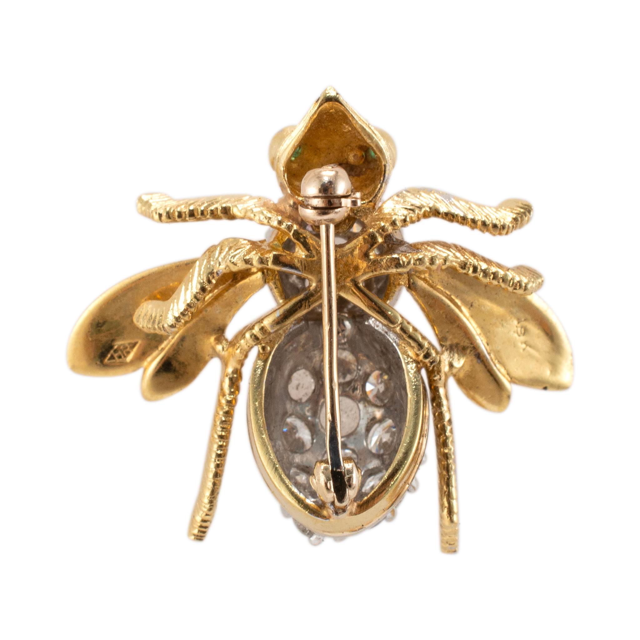 Vintage Herbert Rosenthal oro 18 carati 2,77ct diamante smeraldo grande Bumble Bee PIN in vendita 1