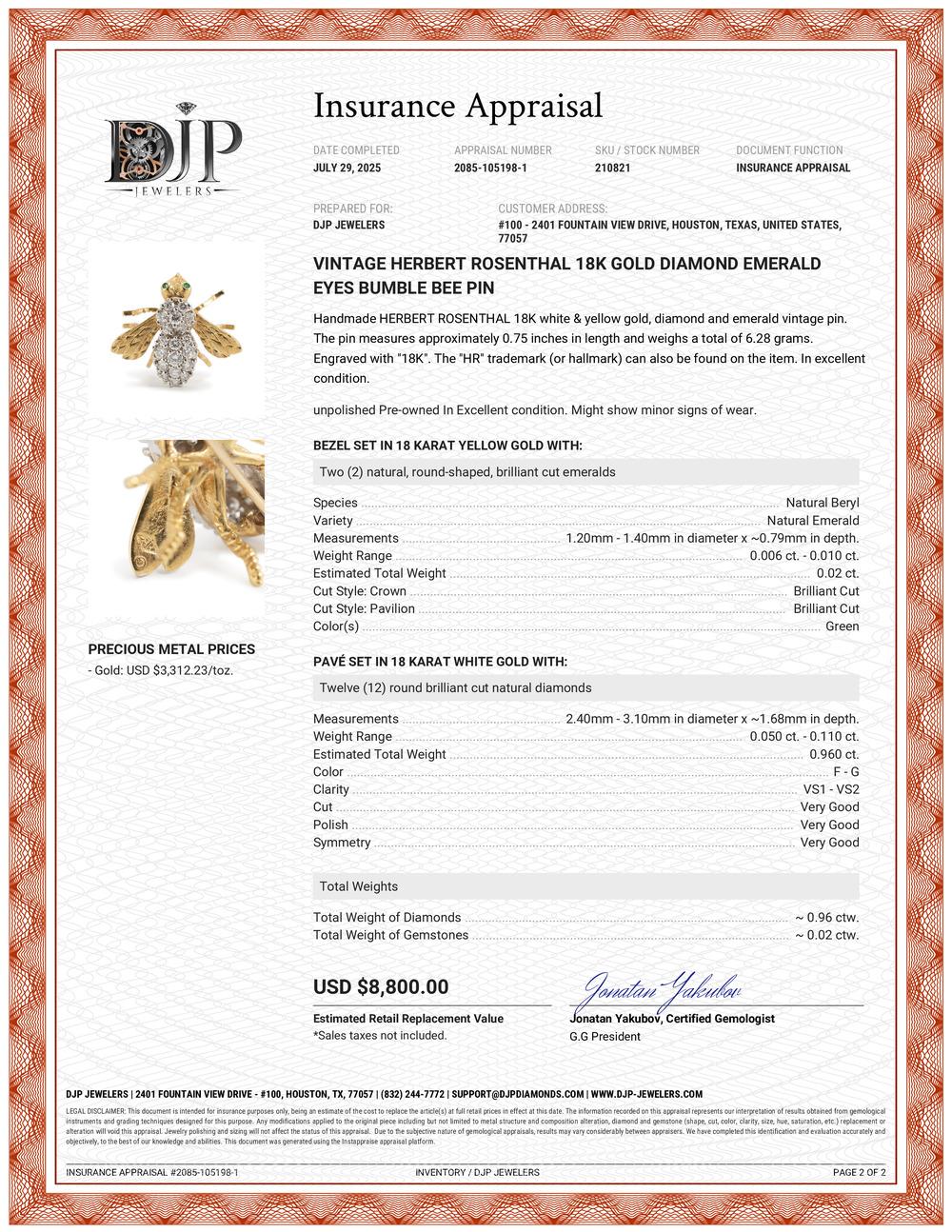 Spilla d'epoca Herbert Rosenthal in oro 18 carati con diamante e occhi di smeraldo in vendita 5
