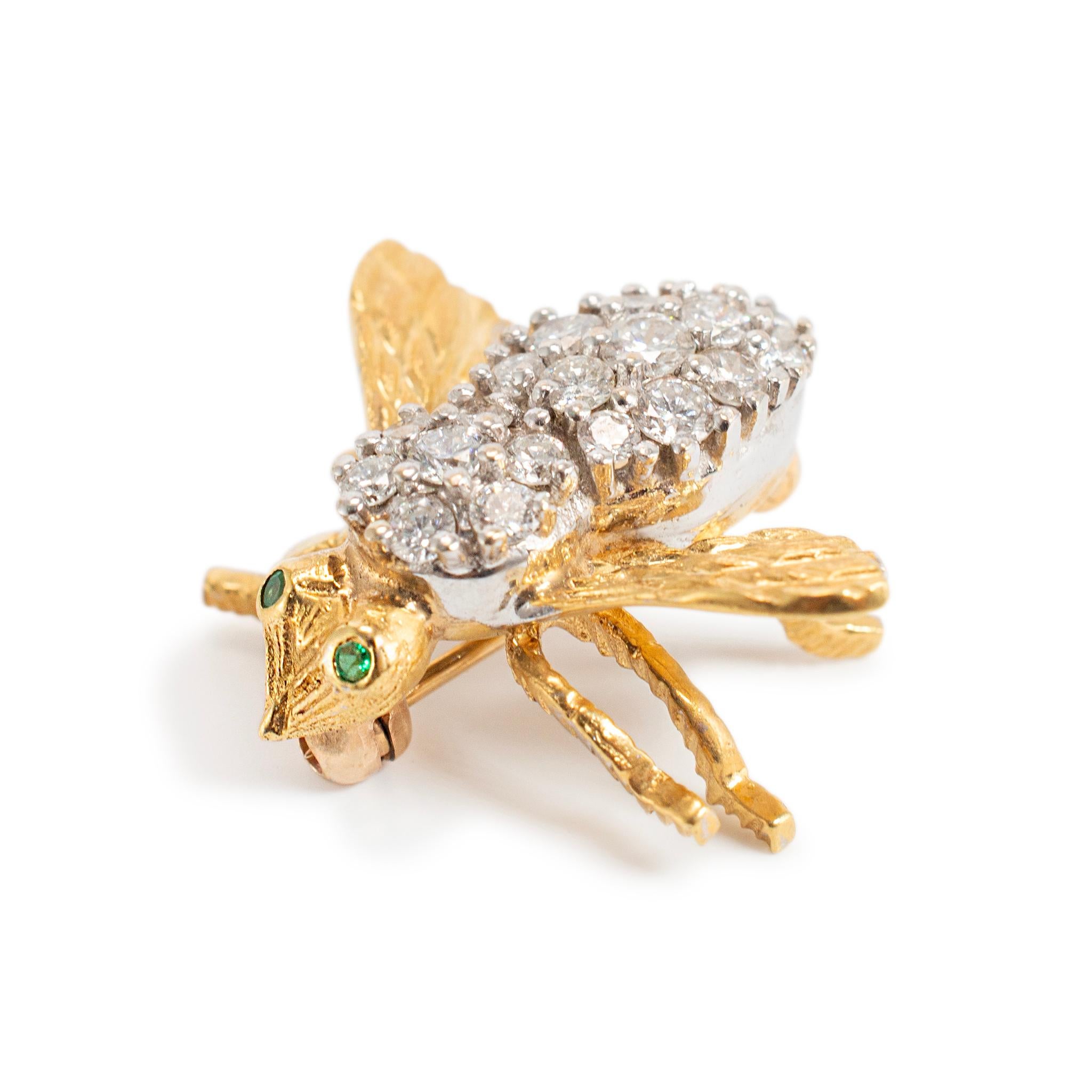 Spilla d'epoca Herbert Rosenthal in oro 18 carati con diamante e occhi di smeraldo In condizioni ottime in vendita a Houston, TX