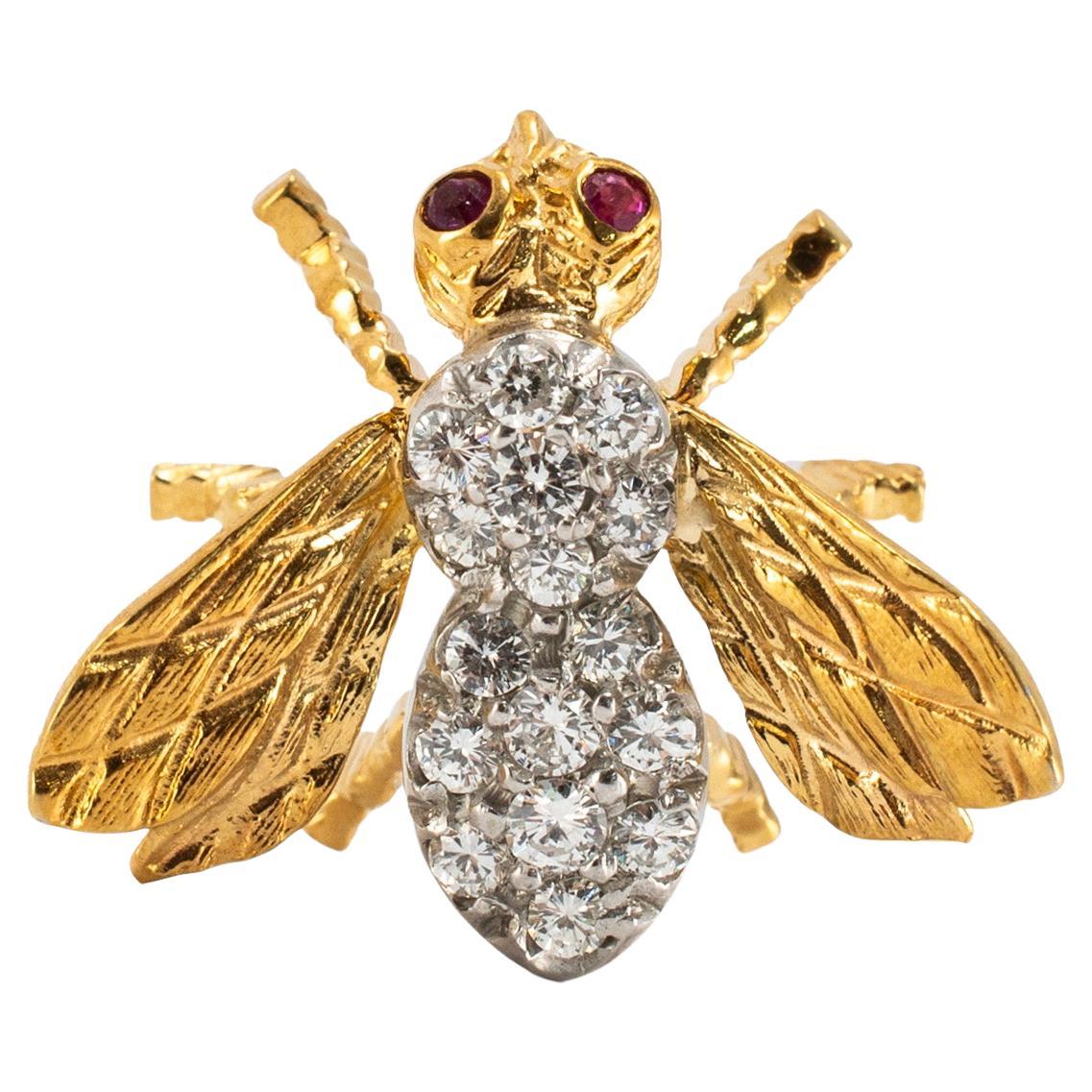 Vintage Herbert Rosenthal Or 18K Diamant Rubis Yeux Bourdon PIN