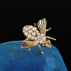 Vintage Herbert Rosenthal 18K Yellow Gold Diamond and Pearl Bee Pin Brooch