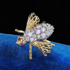 Vintage Herbert Rosenthal 18K Yellow Gold Diamond and Ruby Bee Pin Brooch