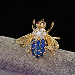 Vintage Herbert Rosenthal 18K Yellow Gold Diamond and Sapphire Bee Pin Brooch