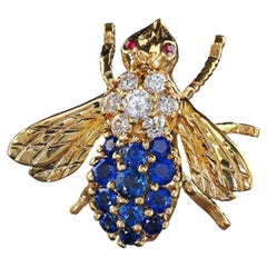 Vintage Herbert Rosenthal 18K Yellow Gold Diamond and Sapphire Bee Pin Brooch