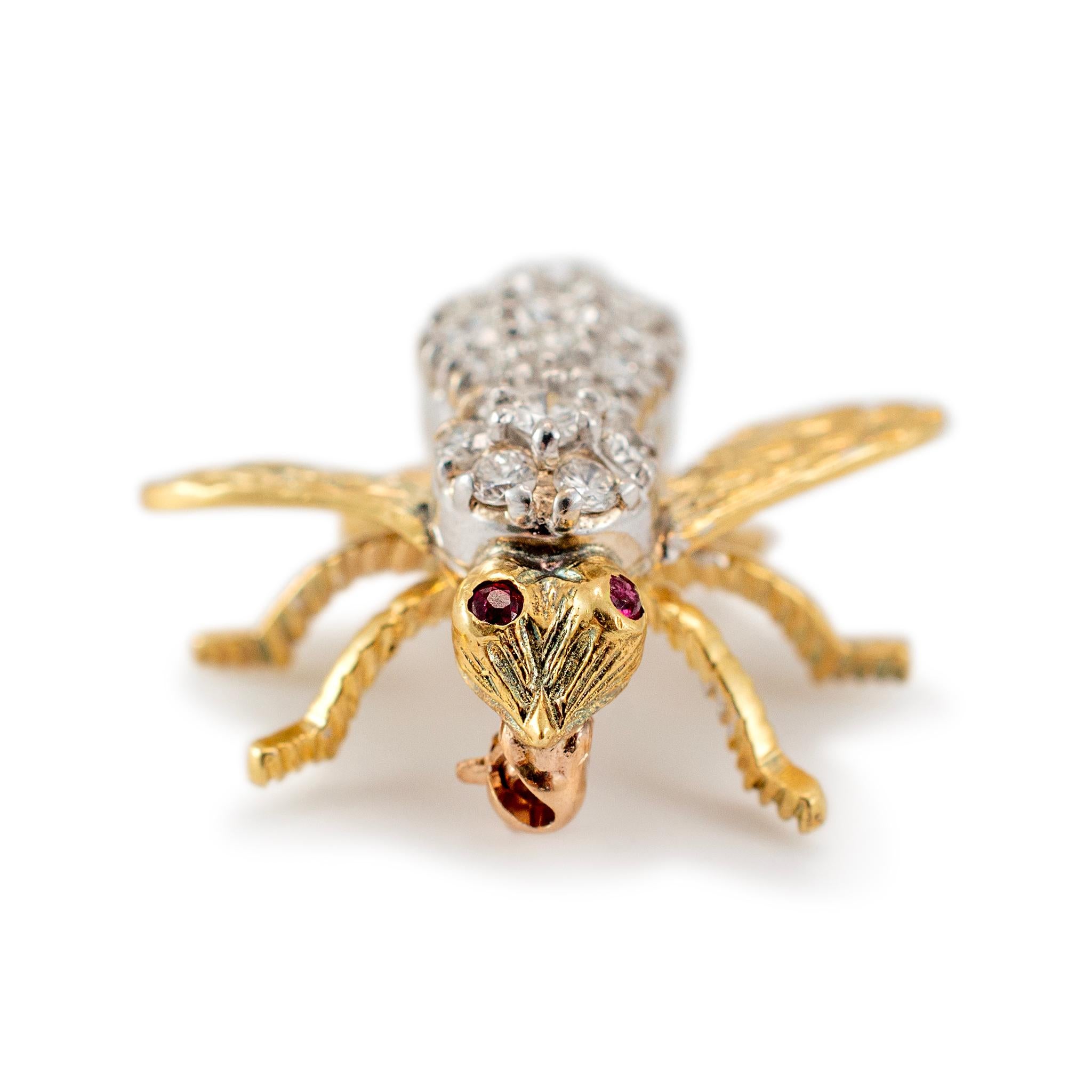 Brand: Herbert

Metal Type: 18K White & Yellow Gold

Length: 0.75 inches 

Width: 24.50 mm

Weight: 5.97 grams

One 18K white & yellow gold animal diamond and ruby vintage brooch. The metal was tested and determined to be 18K white & yellow gold.