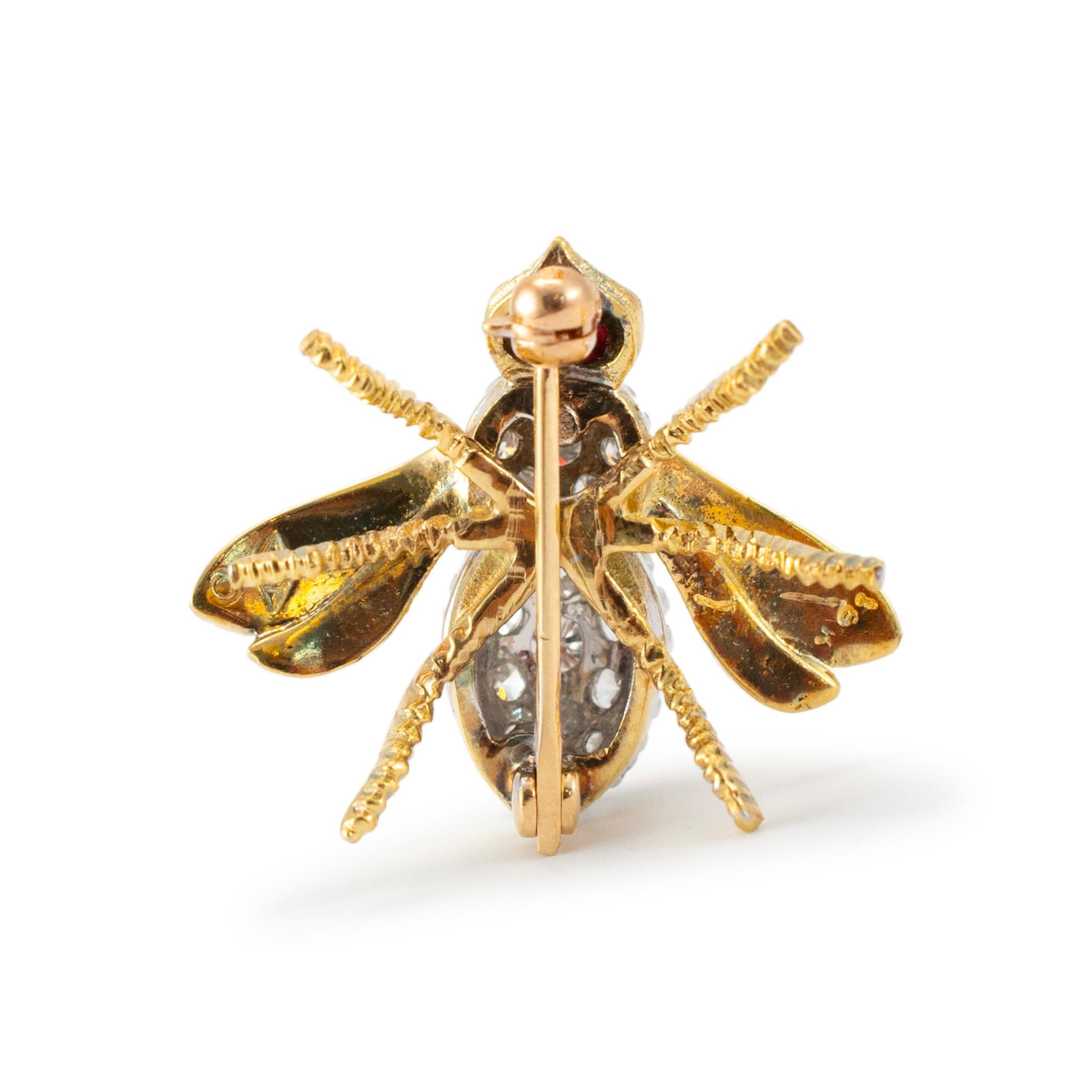 Round Cut Vintage Herbert Rosenthal 18K Yellow & White Gold Diamond Ruby Bee Brooch