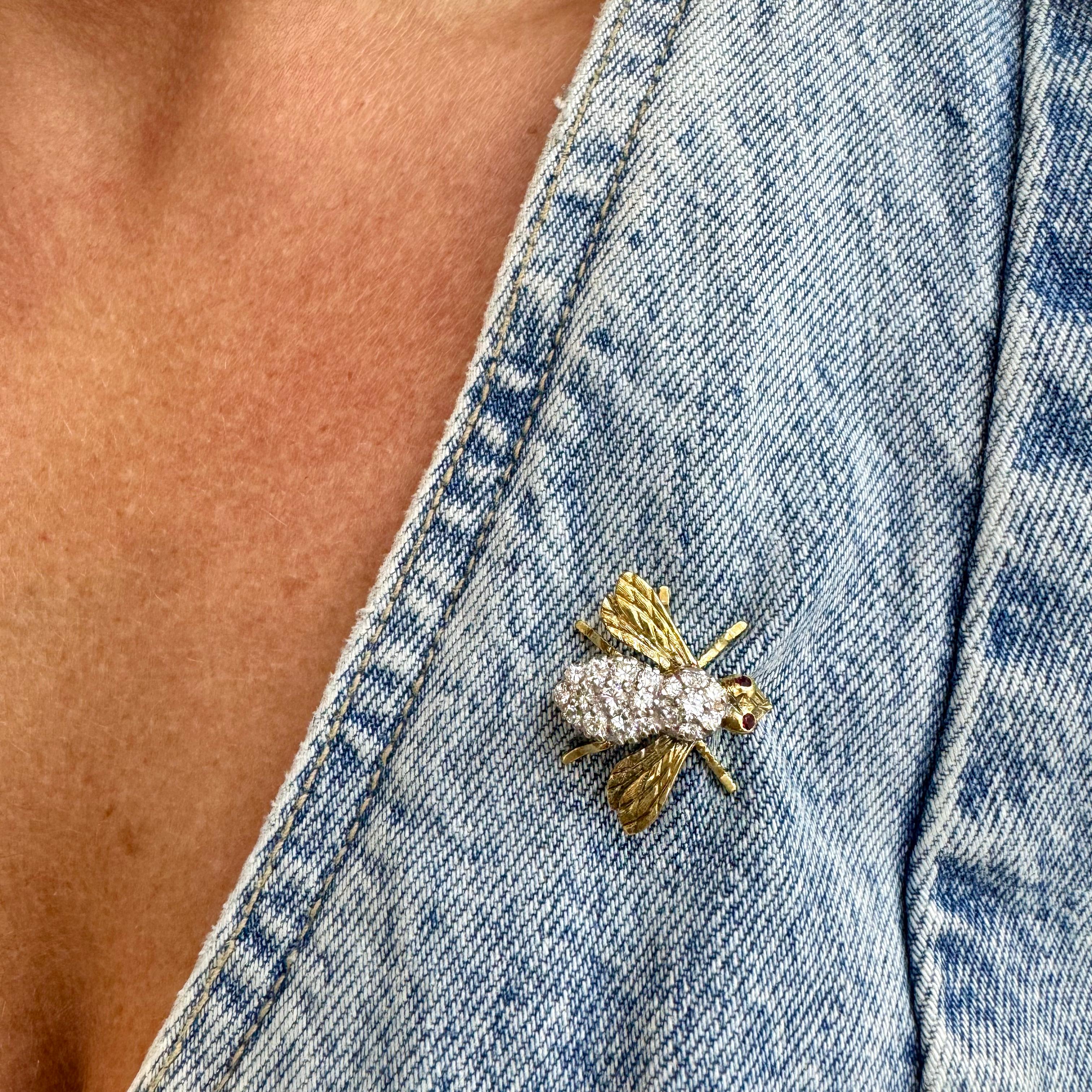 Vintage Herbert Rosenthal 18K Yellow & White Gold Diamond Ruby Bee Brooch 2