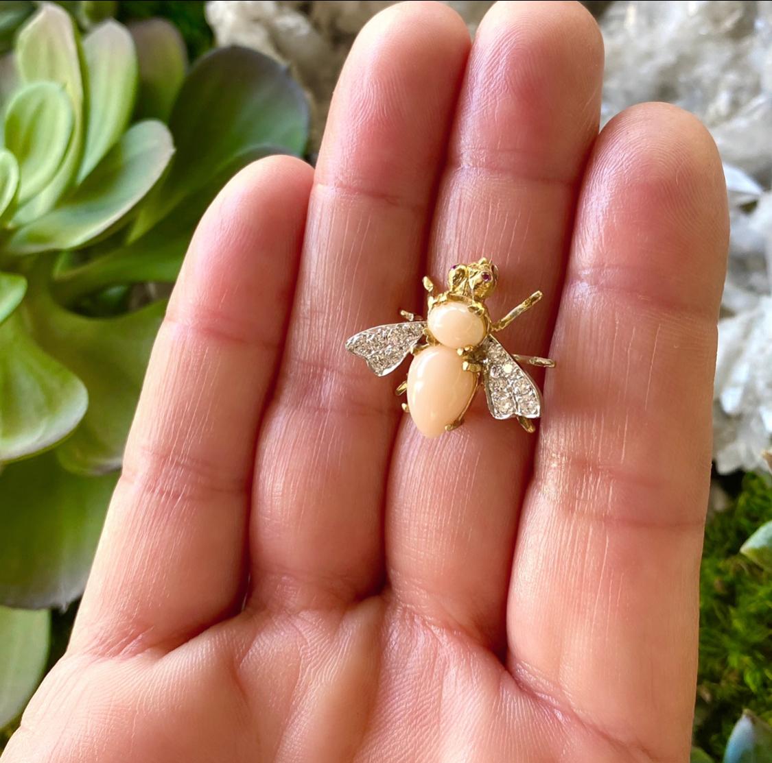 Round Cut Vintage Herbert Rosenthal Coral & Diamond Bee Brooch For Sale