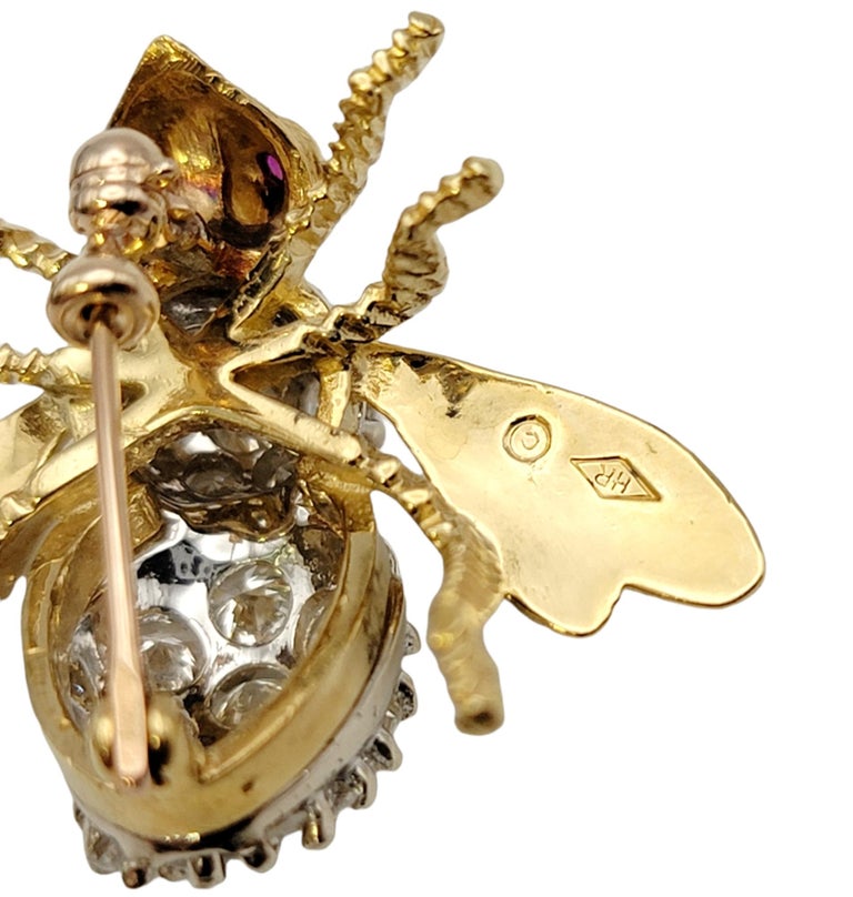 Vintage Herbert Rosenthal Diamond and Ruby 3D Bee Brooch in 18 Karat Yellow Gold For Sale 7
