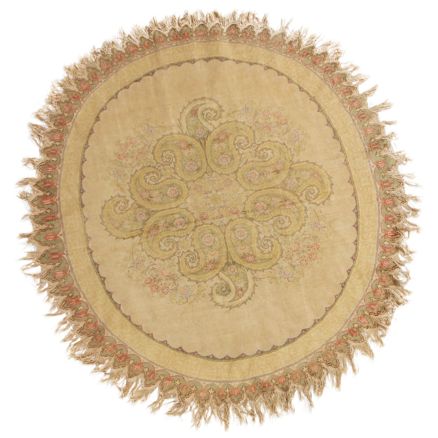Silk Vintage Hereke Beige Cream Oval Rug with Boteh Medallion Design