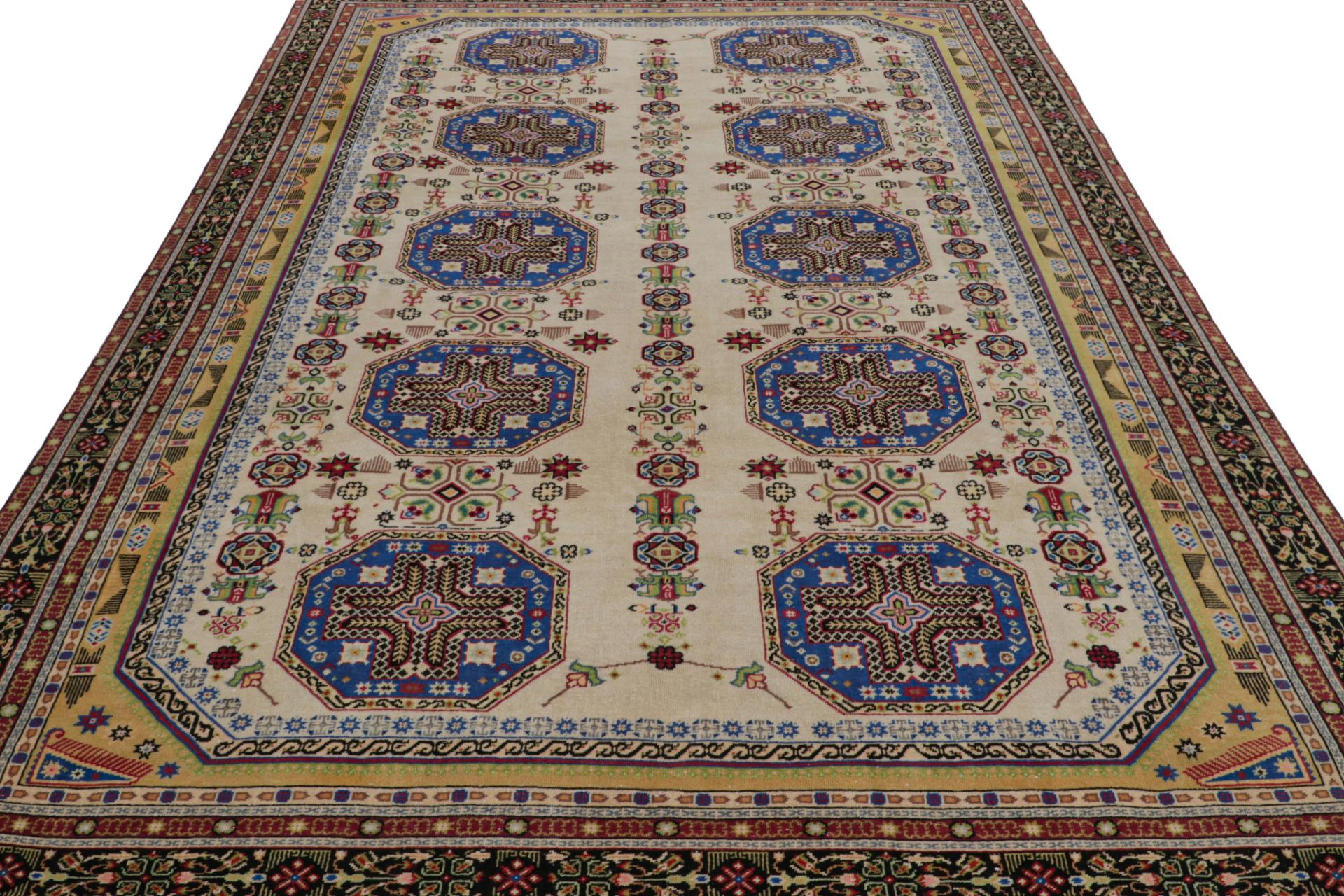 Turkish Vintage Hereke rug in Beige, Blue and Gold Geometric Patterns by Rug & Kilim For Sale