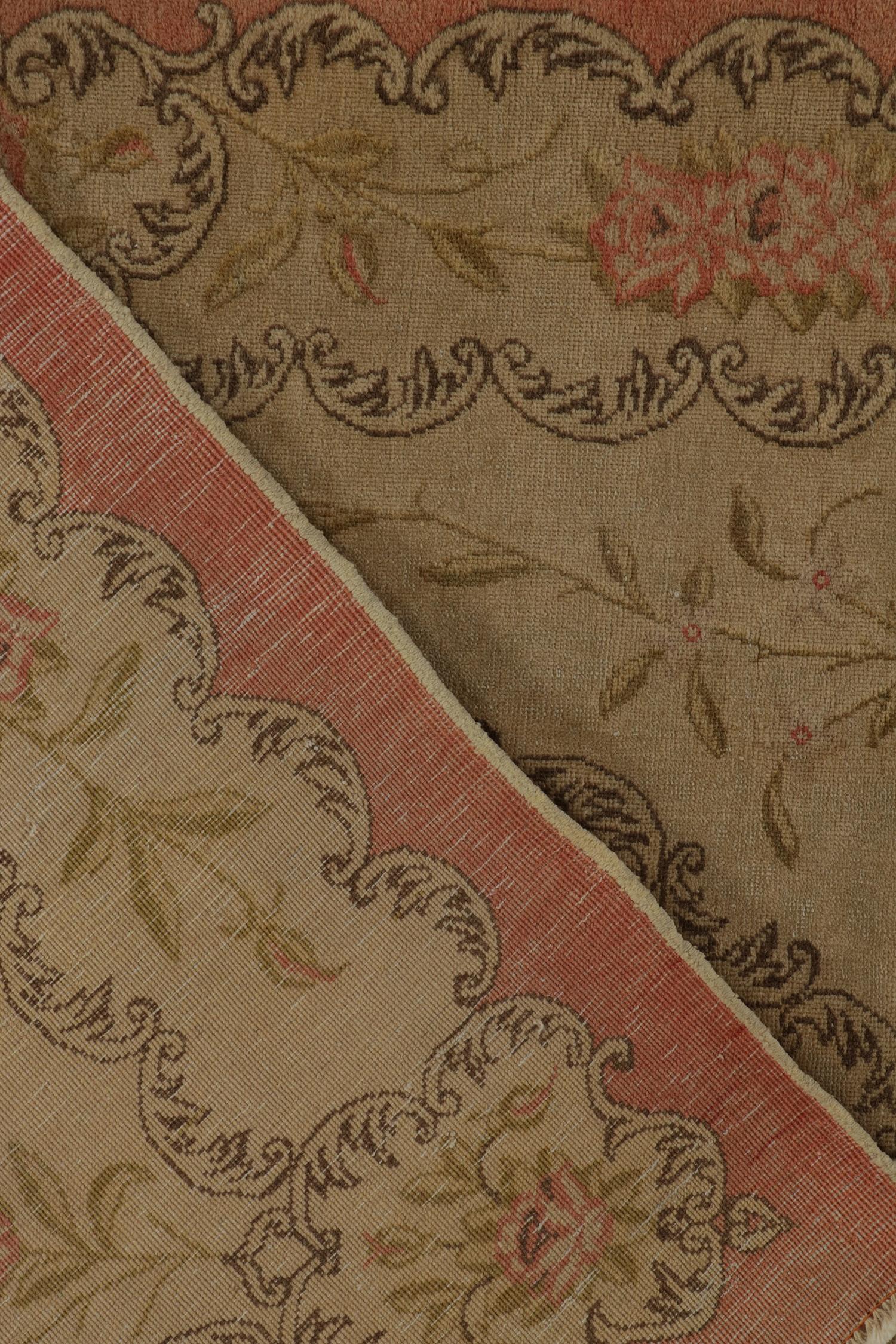 Wool Vintage Hereke Rug in Beige with Pink and Green Floral Pattern, by Rug & Kilim For Sale