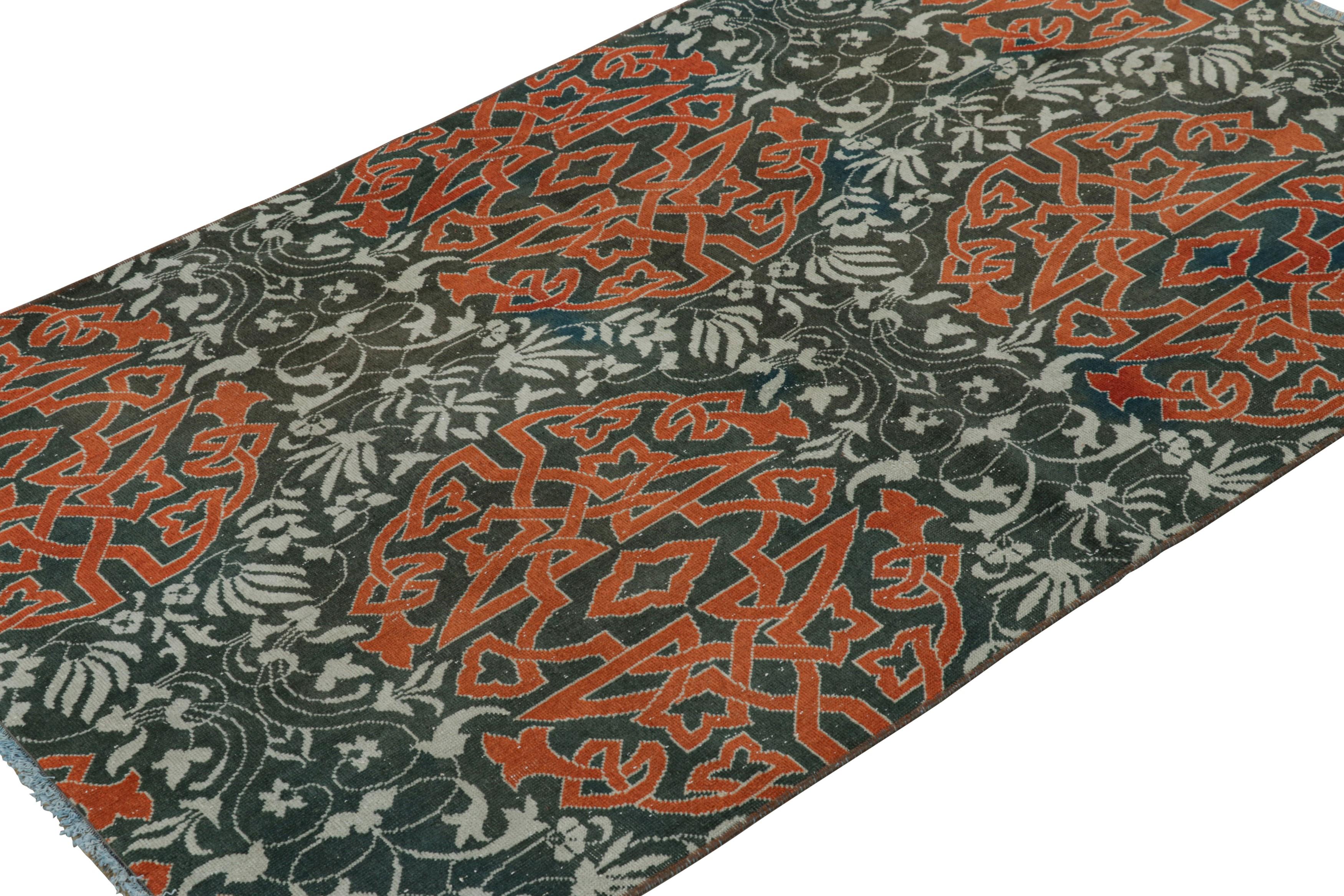 Vintage Hereke Rug in Teal with Orange Arabesque Medallions  Rug & Kilim In Good Condition For Sale In Long Island City, NY