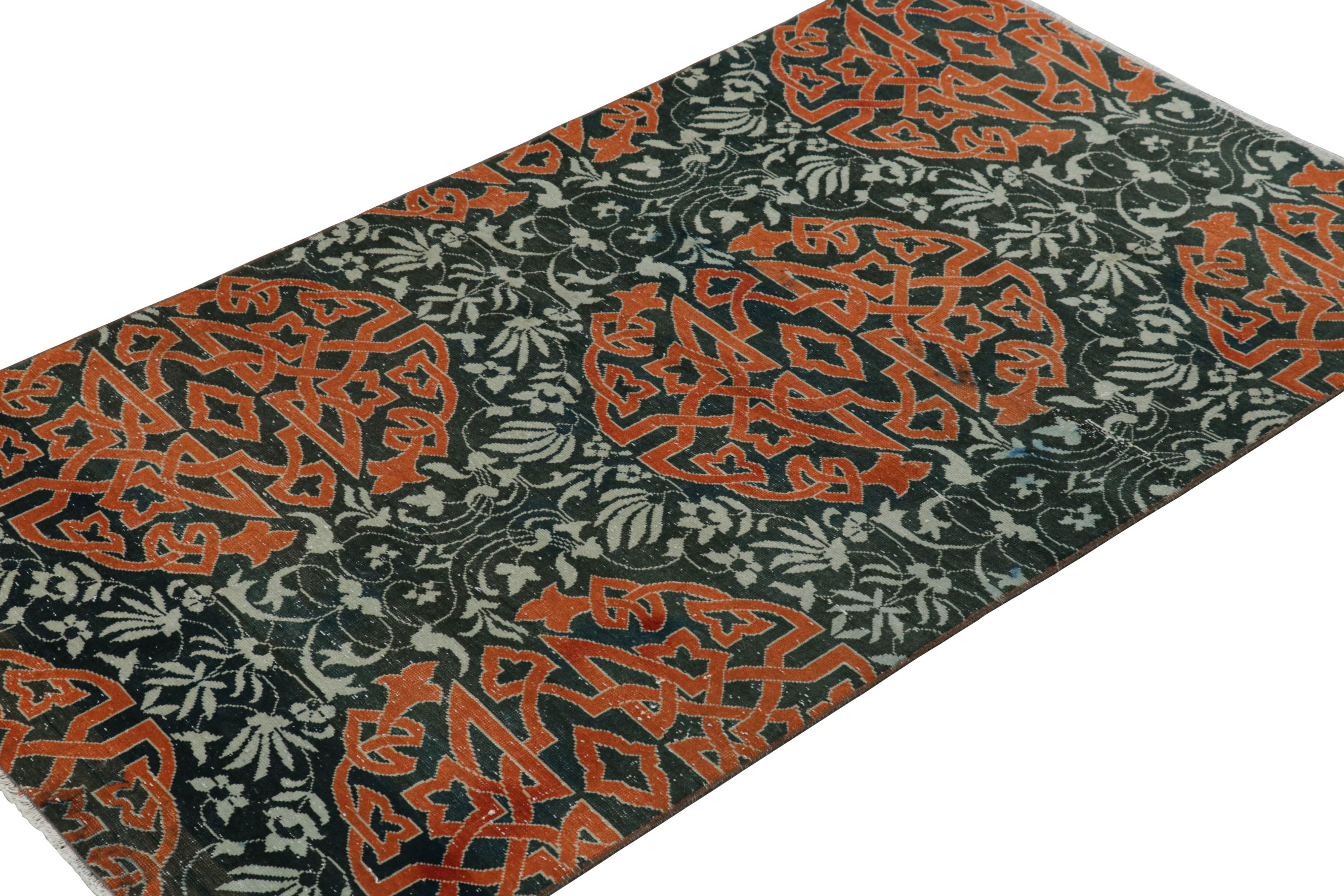 Vintage Hereke Rug in Teal with Orange Arabesque Medallions  Rug & Kilim In Good Condition For Sale In Long Island City, NY