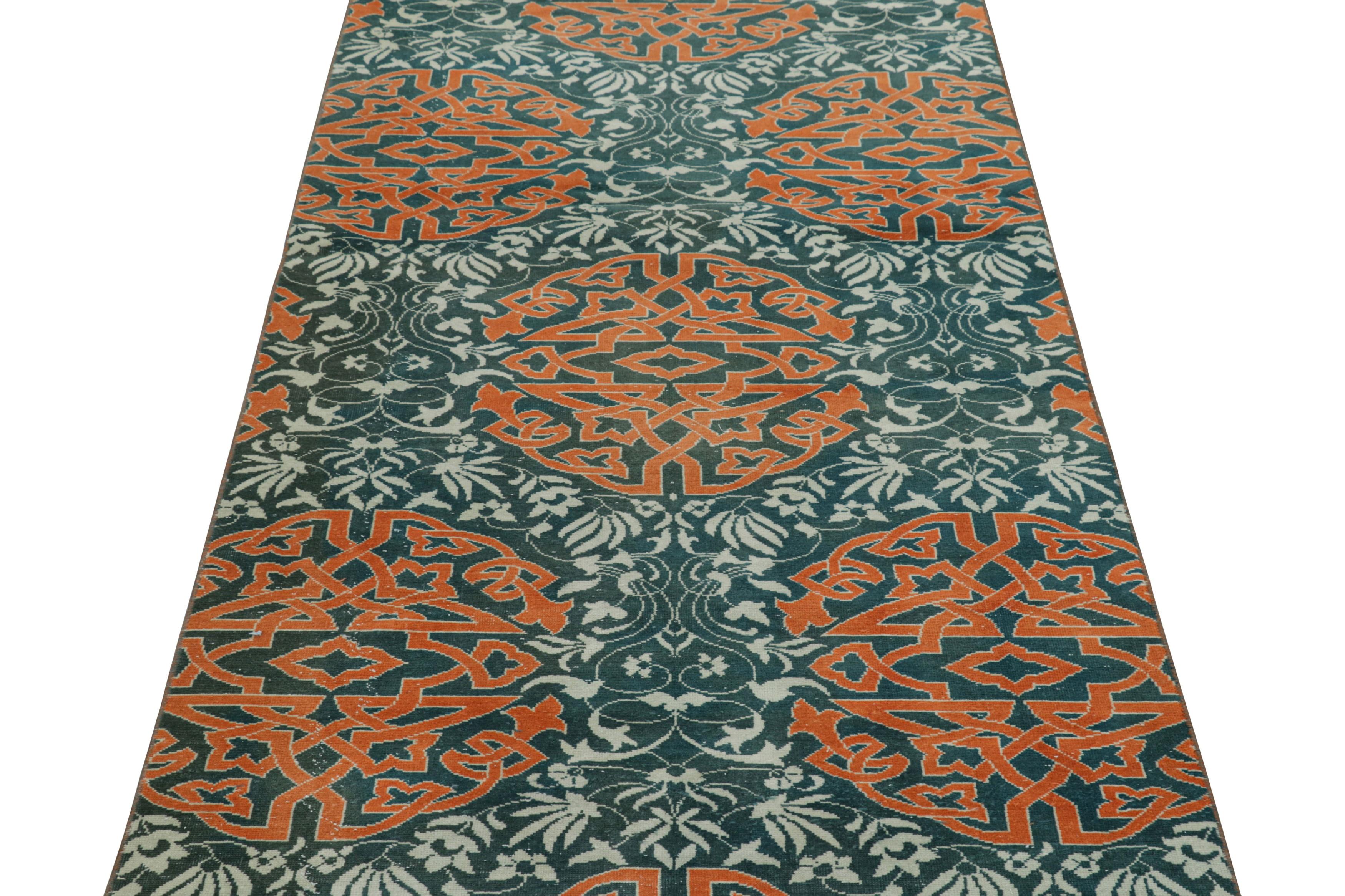 Made with hand-knotted wool in Turkey circa 1950-1960, this 3x9 vintage Hereke runner is from an exciting new curation from Rug & Kilim, enjoying large-scale arabesque medallions and floral patterns on a blue field with a borderless design. 

On the