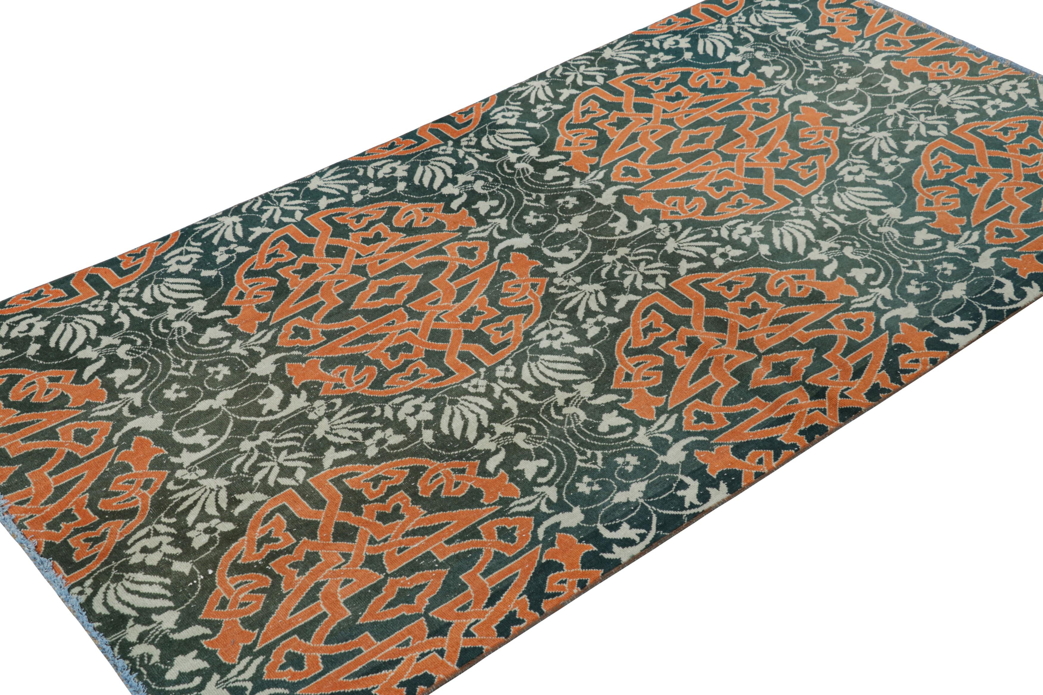 Hand-Knotted Vintage Hereke Runner Rug in Blue with Orange Arabesque Medallions  Rug & Kilim For Sale