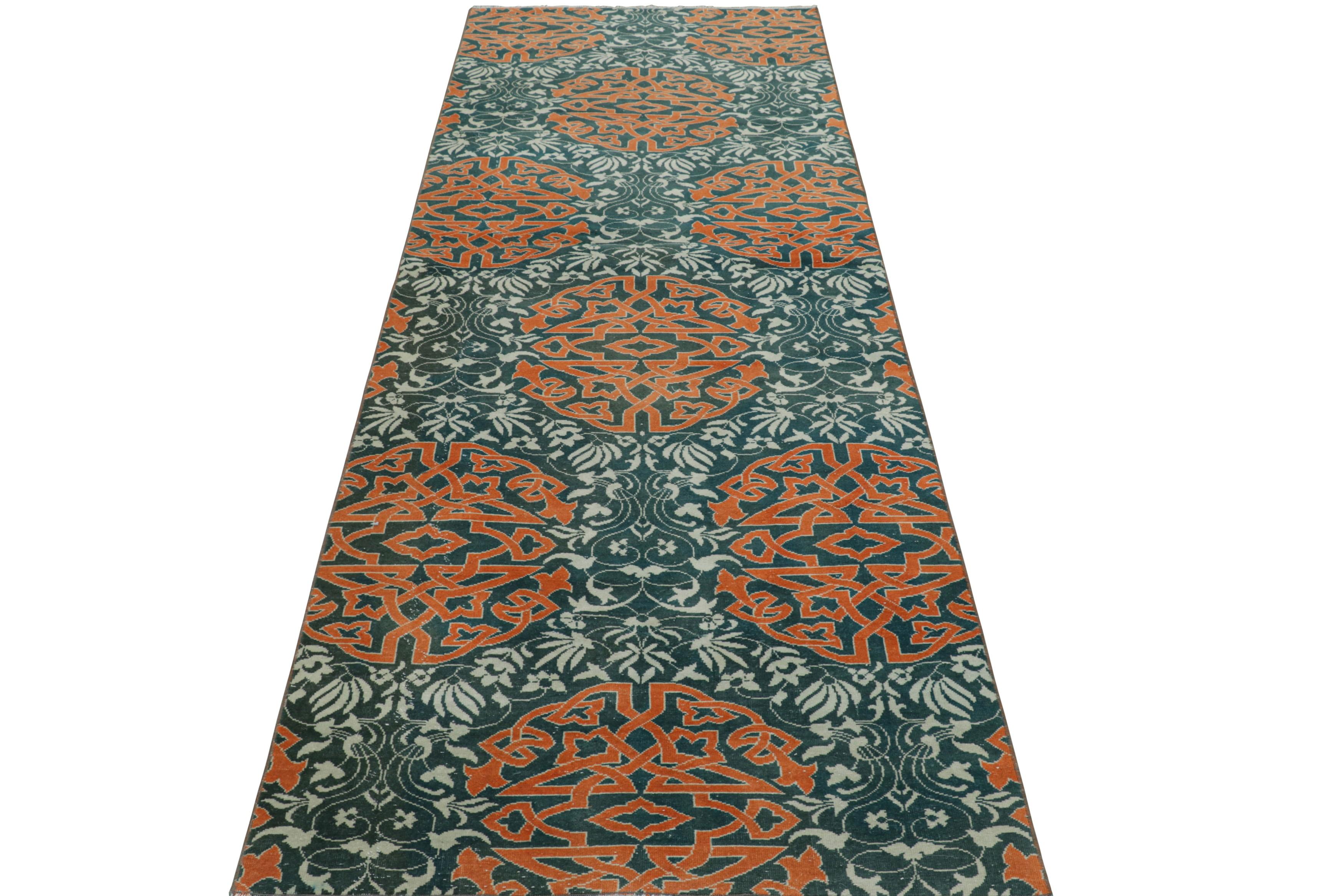 Hand-Knotted Vintage Hereke Runner Rug in Blue with Orange Arabesque Medallions  Rug & Kilim For Sale