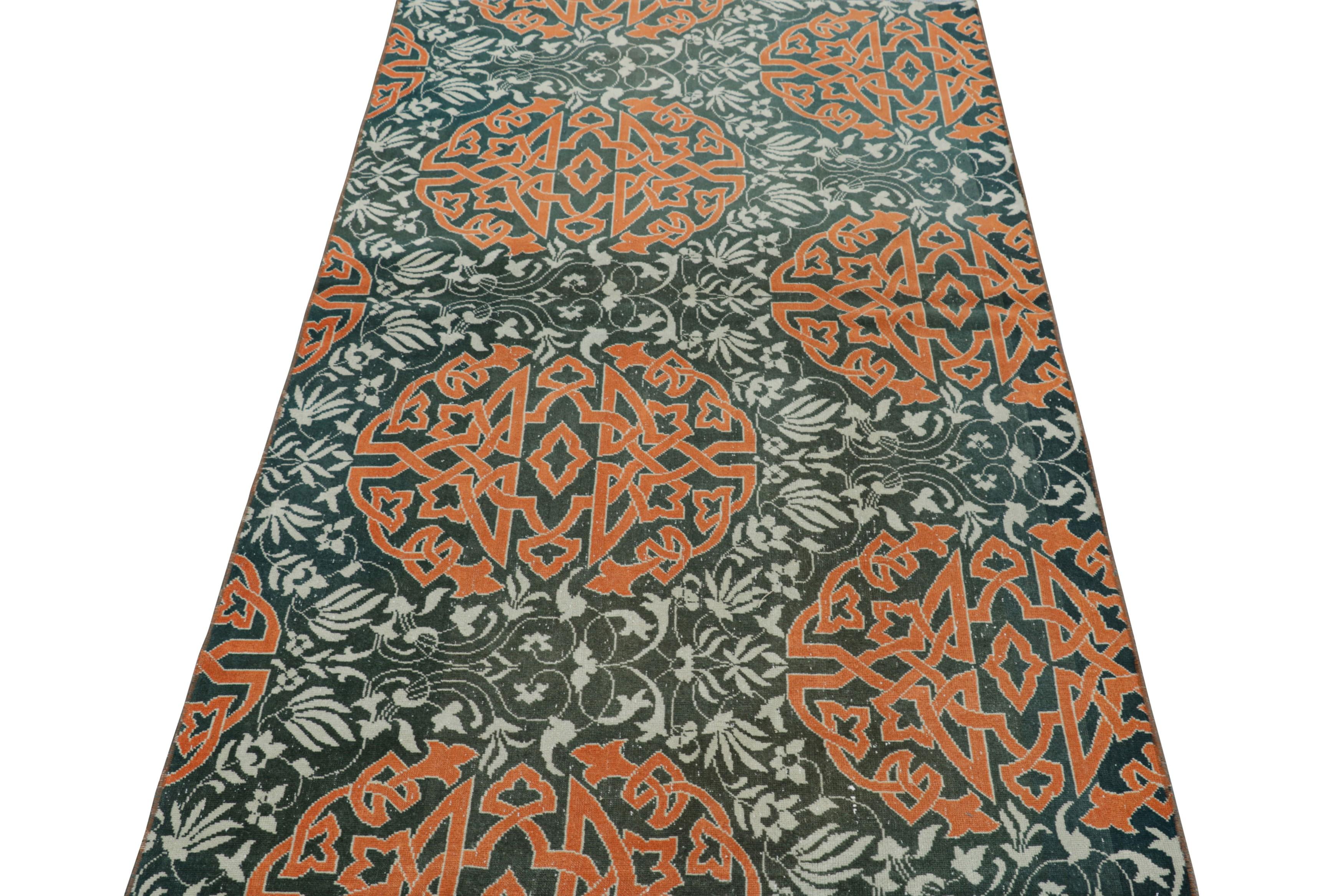 Vintage Hereke Runner Rug in Blue with Orange Arabesque Medallions  Rug & Kilim In Good Condition For Sale In Long Island City, NY