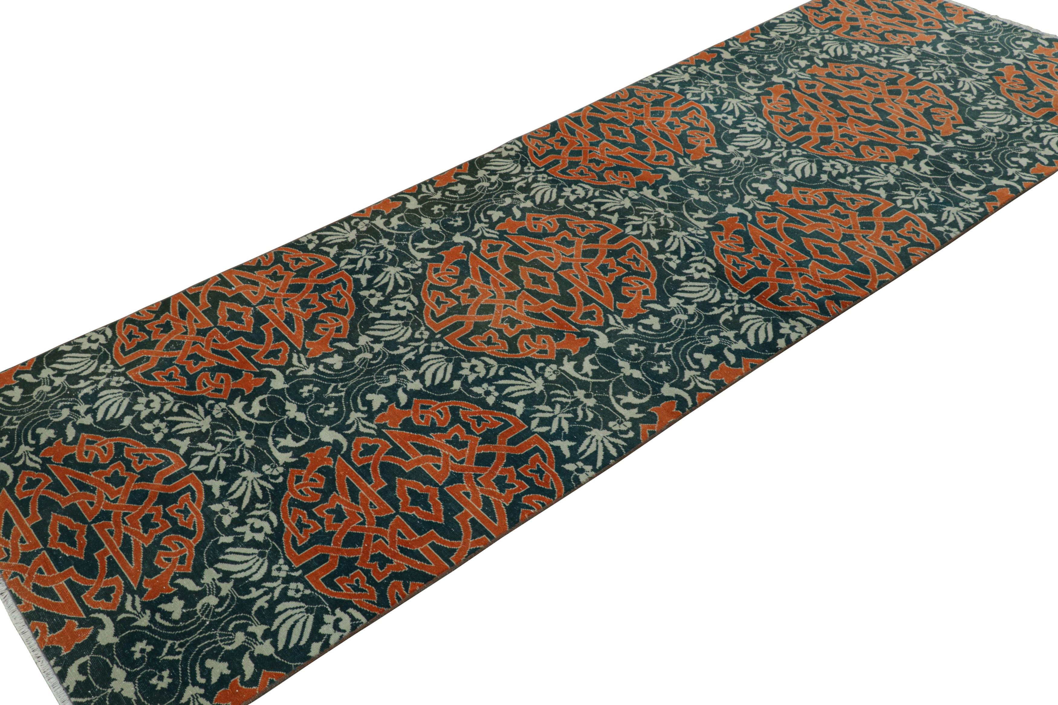 Vintage Hereke Runner Rug in Blue with Orange Arabesque Medallions  Rug & Kilim In Good Condition For Sale In Long Island City, NY