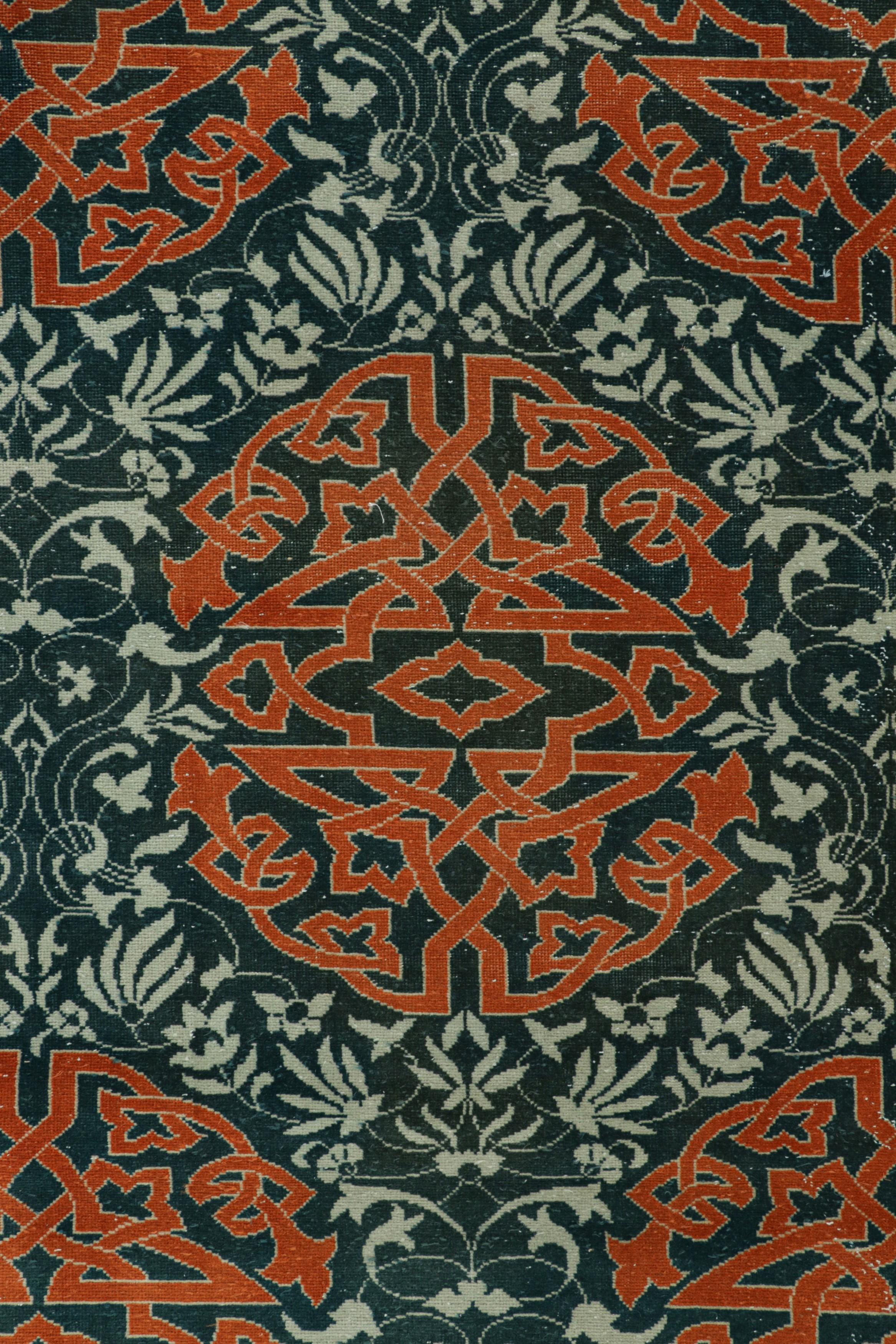 Mid-20th Century Vintage Hereke Runner Rug in Blue with Orange Arabesque Medallions  Rug & Kilim For Sale