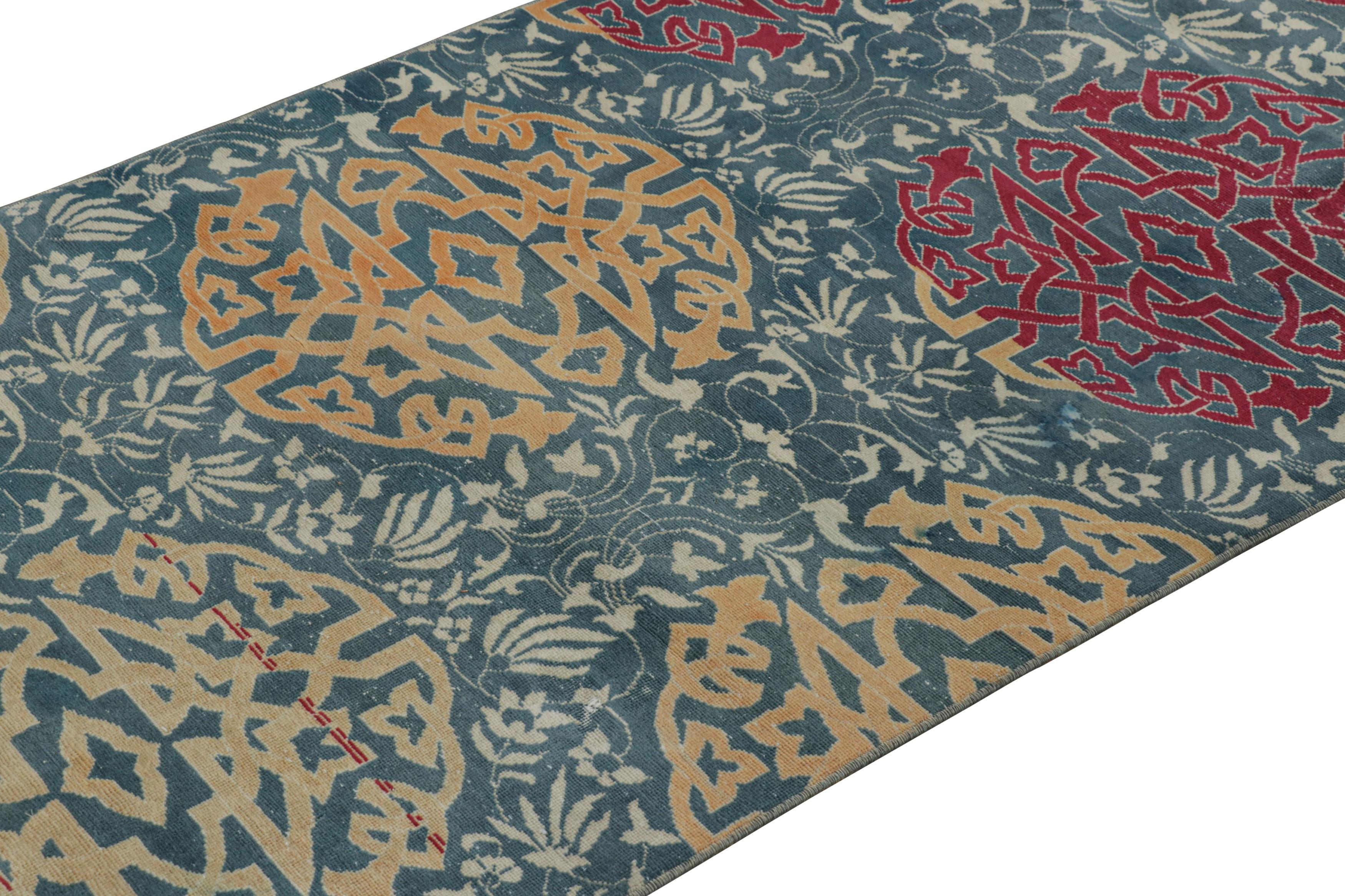 Made with hand-knotted wool in Turkey circa 1950-1960, this 3x7 vintage Hereke runner is from an exciting new curation from Rug & Kilim, enjoying large-scale arabesque medallions and floral patterns on a blue field with a borderless design. 

On the