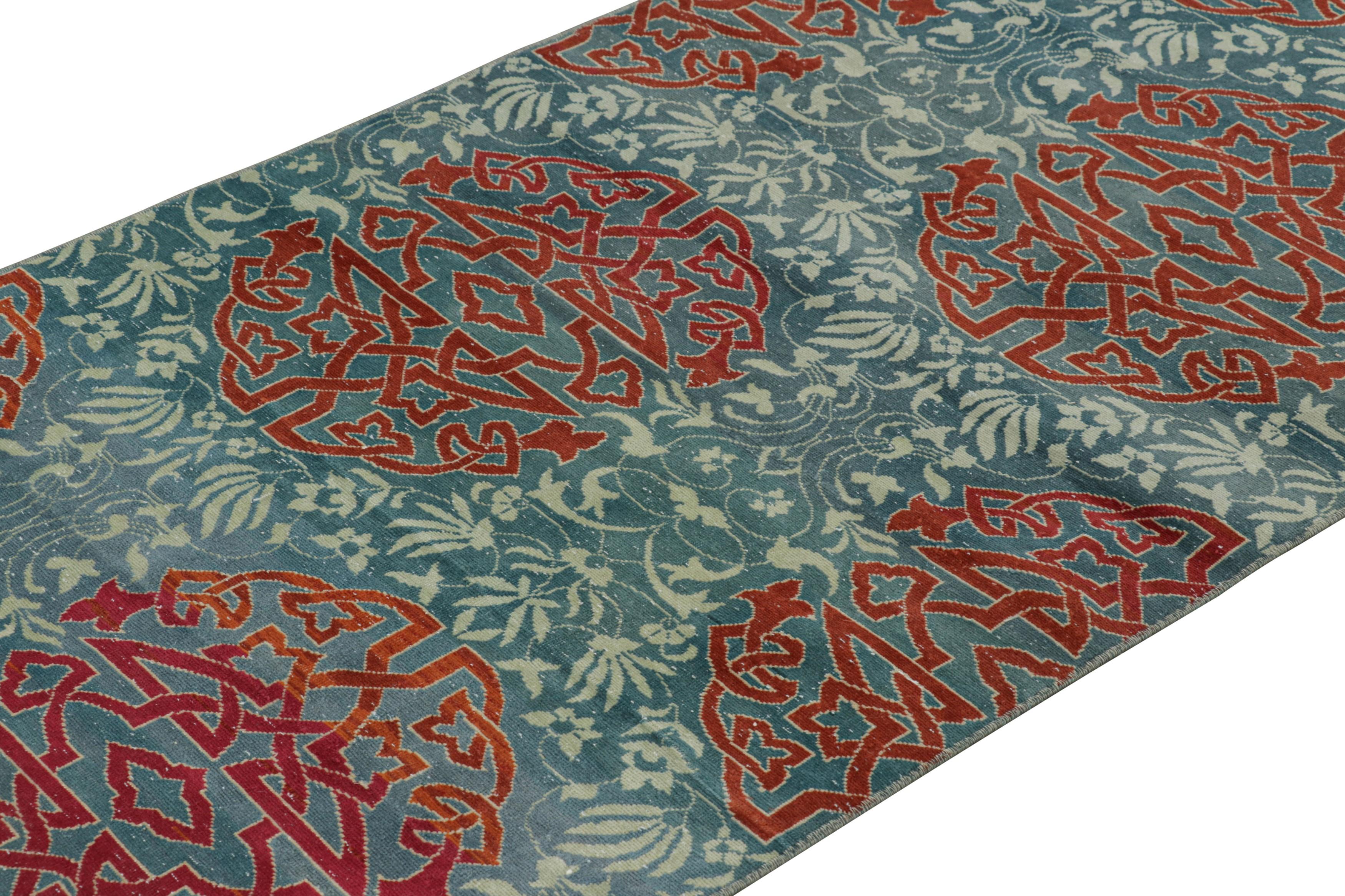 Made with hand-knotted wool in Turkey circa 1950-1960, this 3x7 vintage Hereke runner is from an exciting new curation from Rug & Kilim, enjoying large-scale arabesque medallions and floral patterns on a blue field with a borderless design. 

On the