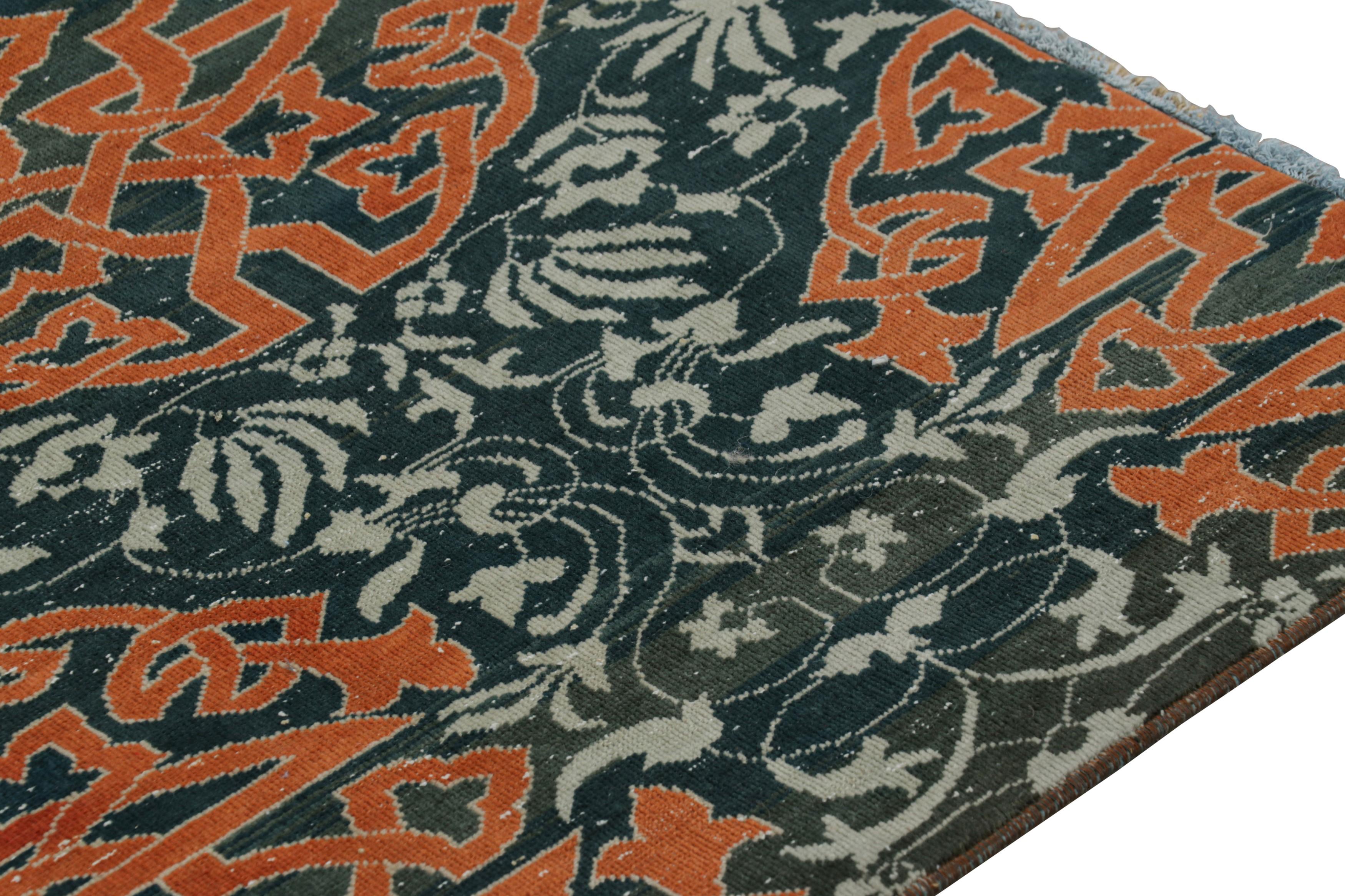 Turkish Vintage Hereke Runner Rug in Teal with Orange Arabesque Medallions  Rug & Kilim For Sale