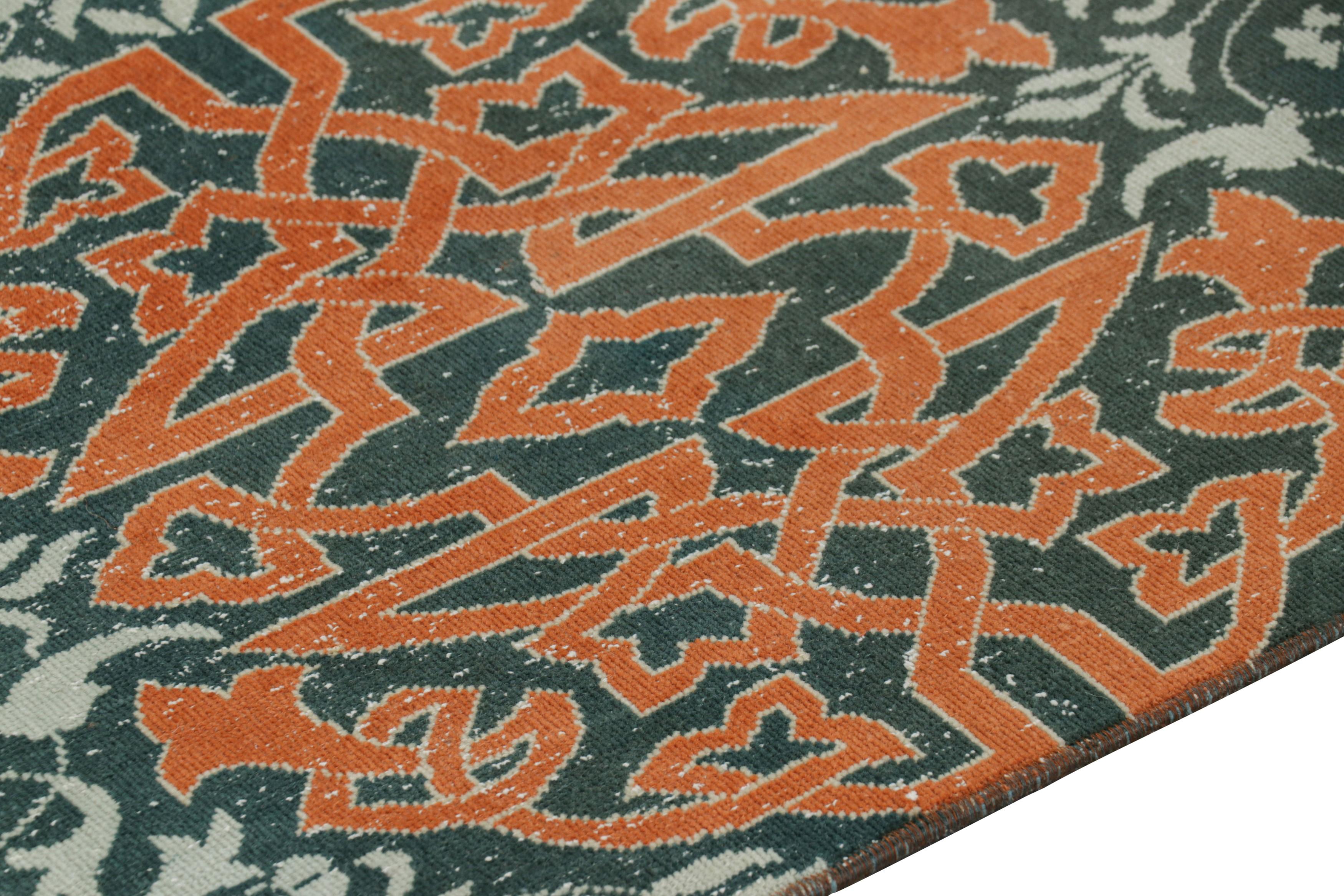 Turkish Vintage Hereke Runner Rug in Teal with Orange Arabesque Medallions  Rug & Kilim For Sale
