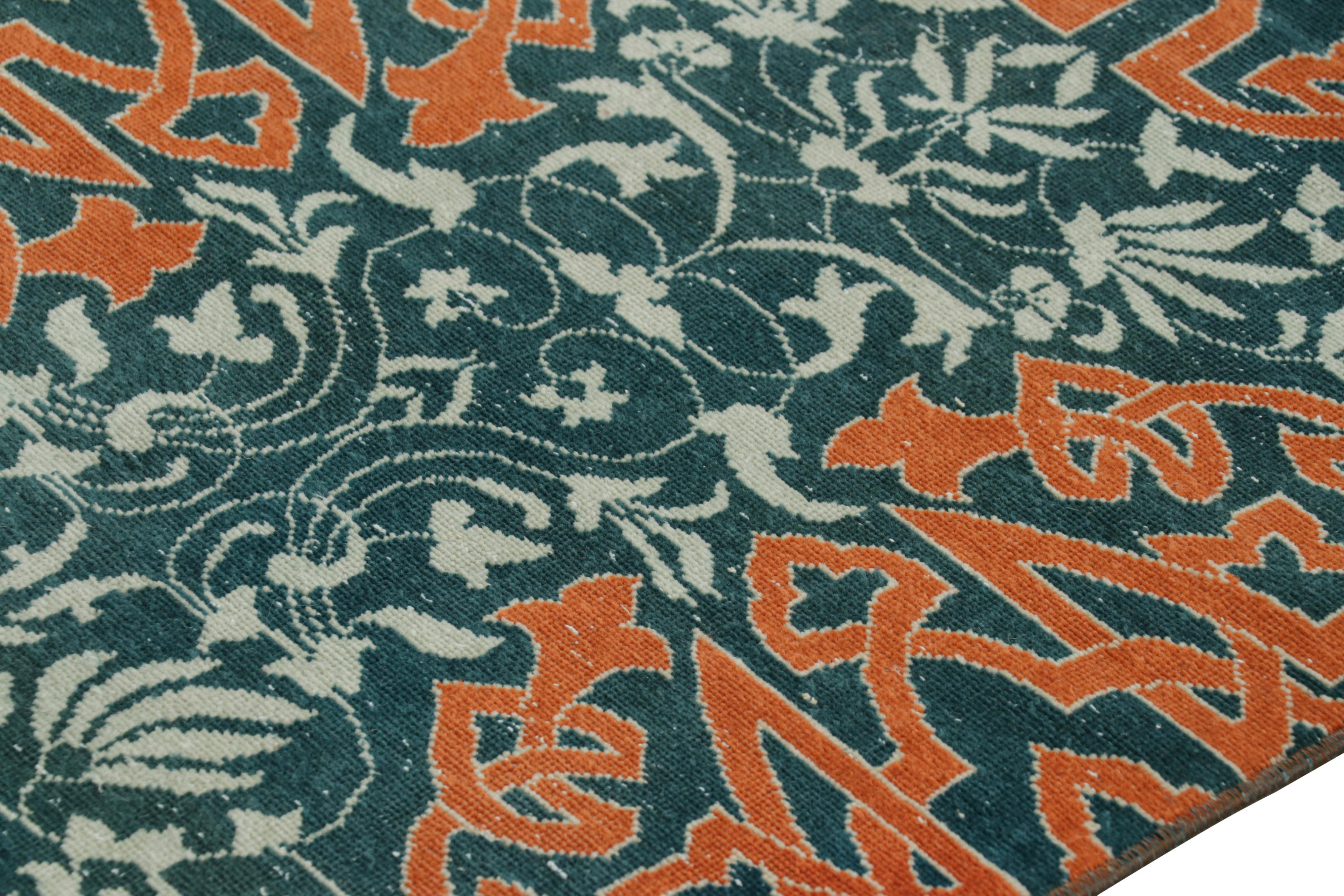 Turkish Vintage Hereke Runner Rug in Teal with Orange Arabesque Medallions  Rug & Kilim For Sale